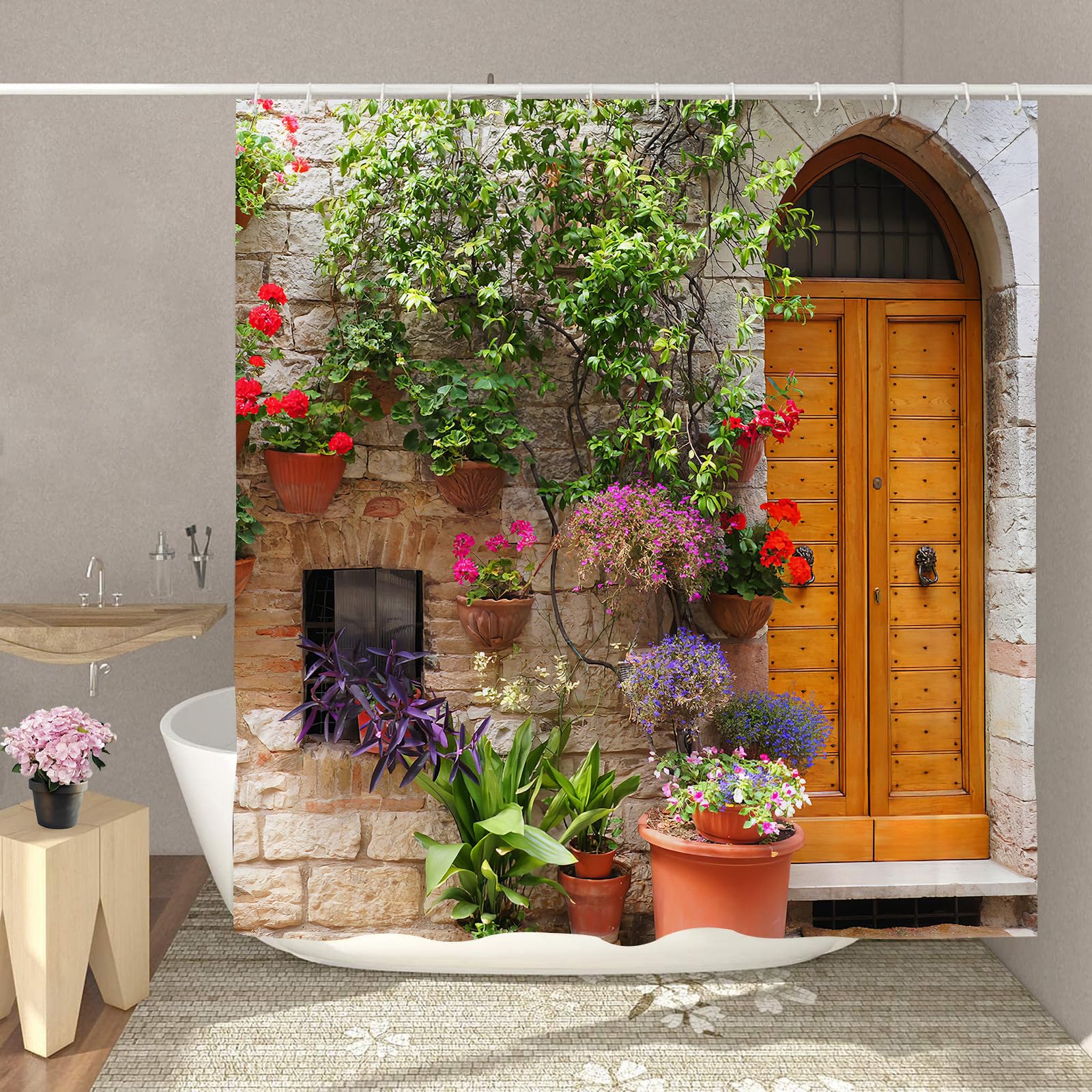 GOOESING Garden Shower Curtain Outdoor Shower Curtain Landscape Bathroom Curtain with Hooks Durable Waterproof Fabric Bathroom Decor Washable 180x180cm