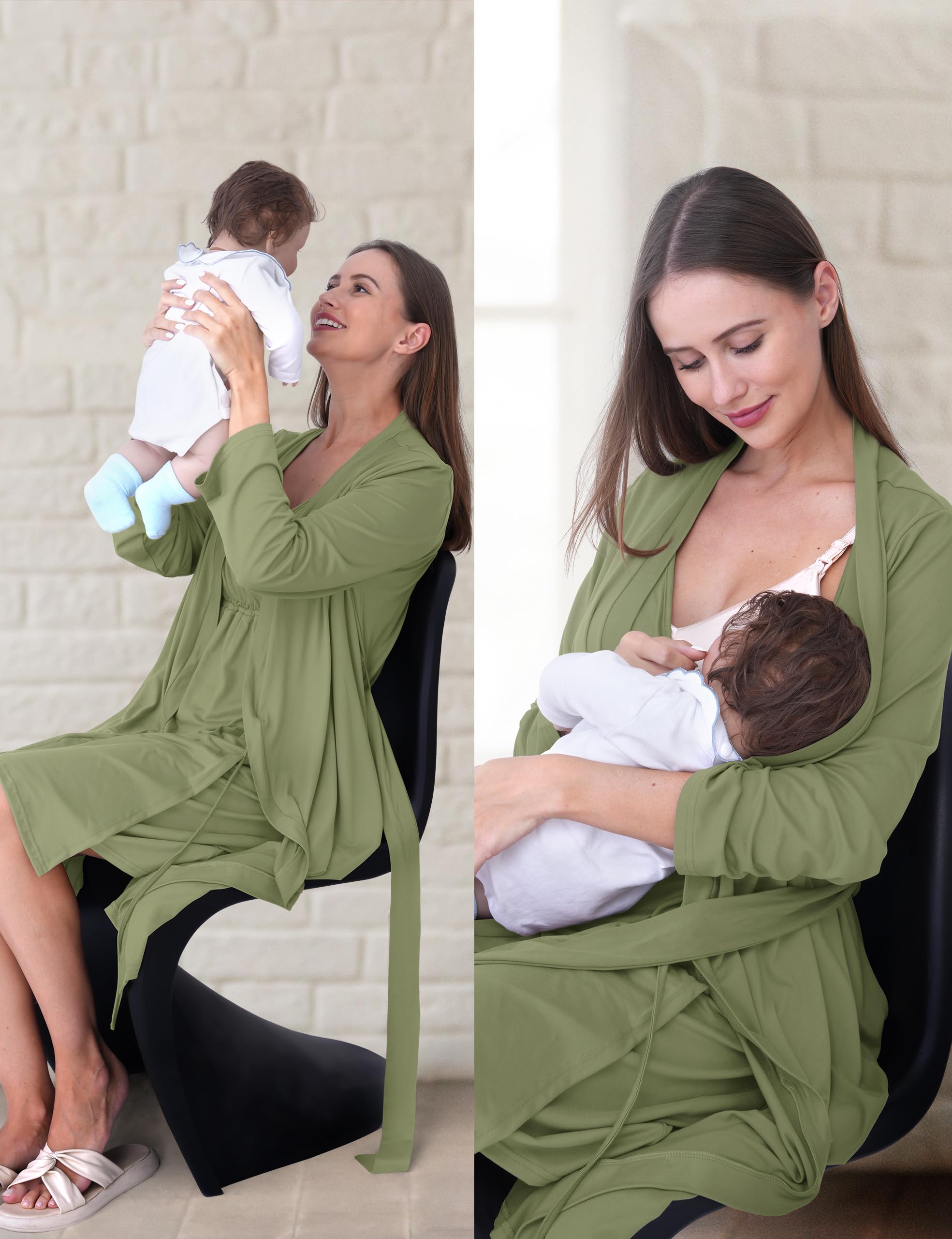 SUNNYBUY Chemise de nuit de grossesse et d'allaitement avec peignoir 2 pièces | Ensemble de robe de nuit 3 en 1 pour naissance, lit de semaine et allaitement
