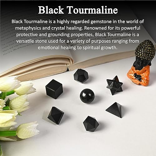 Miniatura 2 de Crocon Juego de 7 piezas de geometría de cristal sólido platónico de turmalina negra, sólidos platónicos, piedras geométricas sagradas para