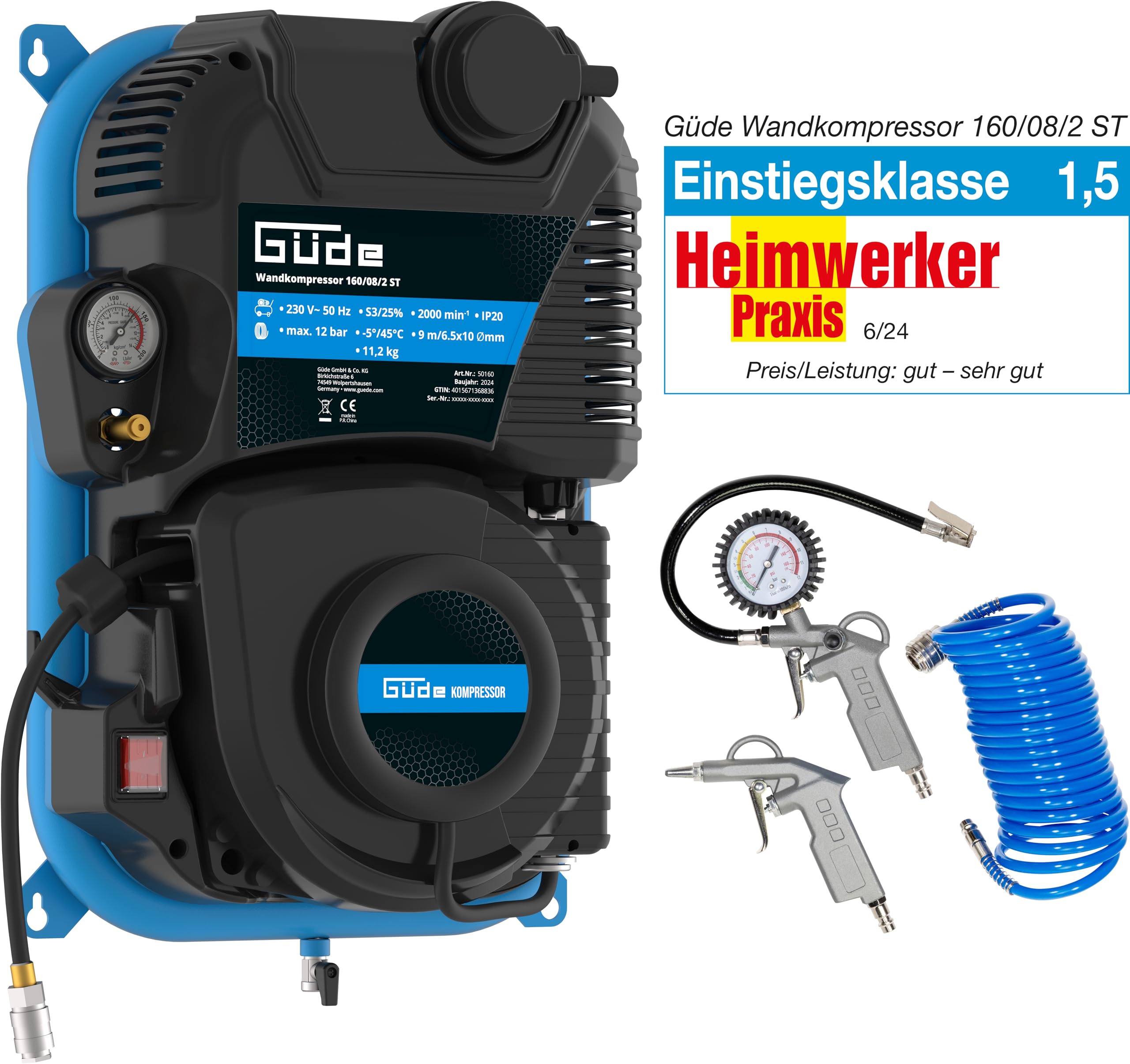 Güde 160/08/2 ST Wandkompressor mit Druckluft-Set - 230 Volt, 2 Liter Kessel, 1100 Watt, max. Druck 8 bar, eff. Liefermenge bei 0 bar 90 l/min, inkl. Reifenfüller, Ausblaspistole, 5 m Spiralschlauch