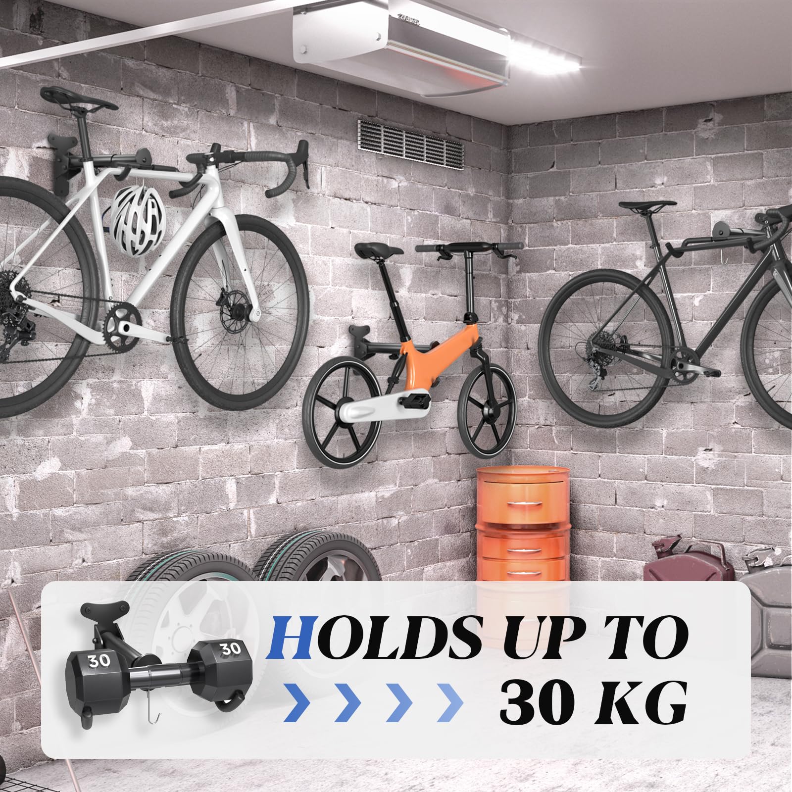WELDUN Support mural pour vélo, porte-vélo, support pliable pour vélo, distance réglable, avec crochet pour casque, support de rangement pour vélo pour garage et intérieur