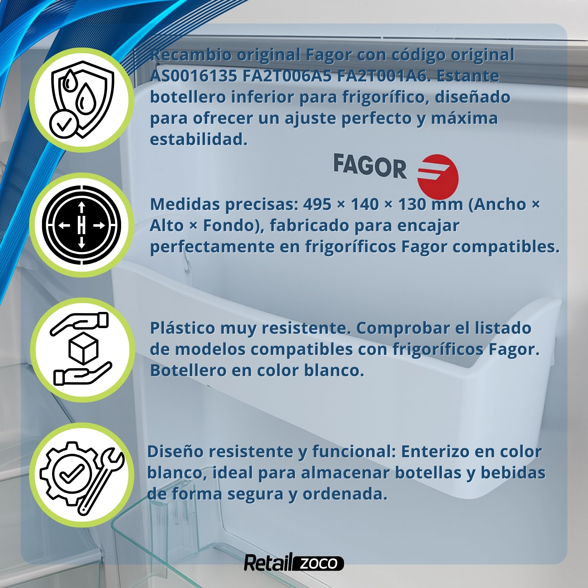 Estante Botellero Frigorífico compatible con Fagor, Botellero inferior para la nevera, código original AS0016135 FA2T006A5 FA — view 5