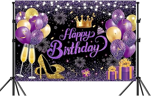 Miniatura 2 de YinQin Telón de fondo de feliz cumpleaños de 70.9 x 47.2 in, color negro, morado, dorado, 71 x 47 pulgadas, fondos de fotografía de cumpleaños,
