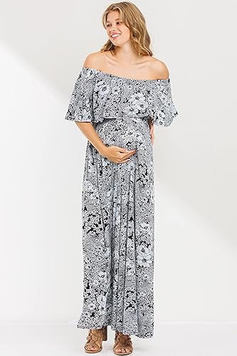Miniatura 3 de My Bump Vestido de maternidad largo con volantes y hombros descubiertos para mujer, fabricado en Estados Unidos