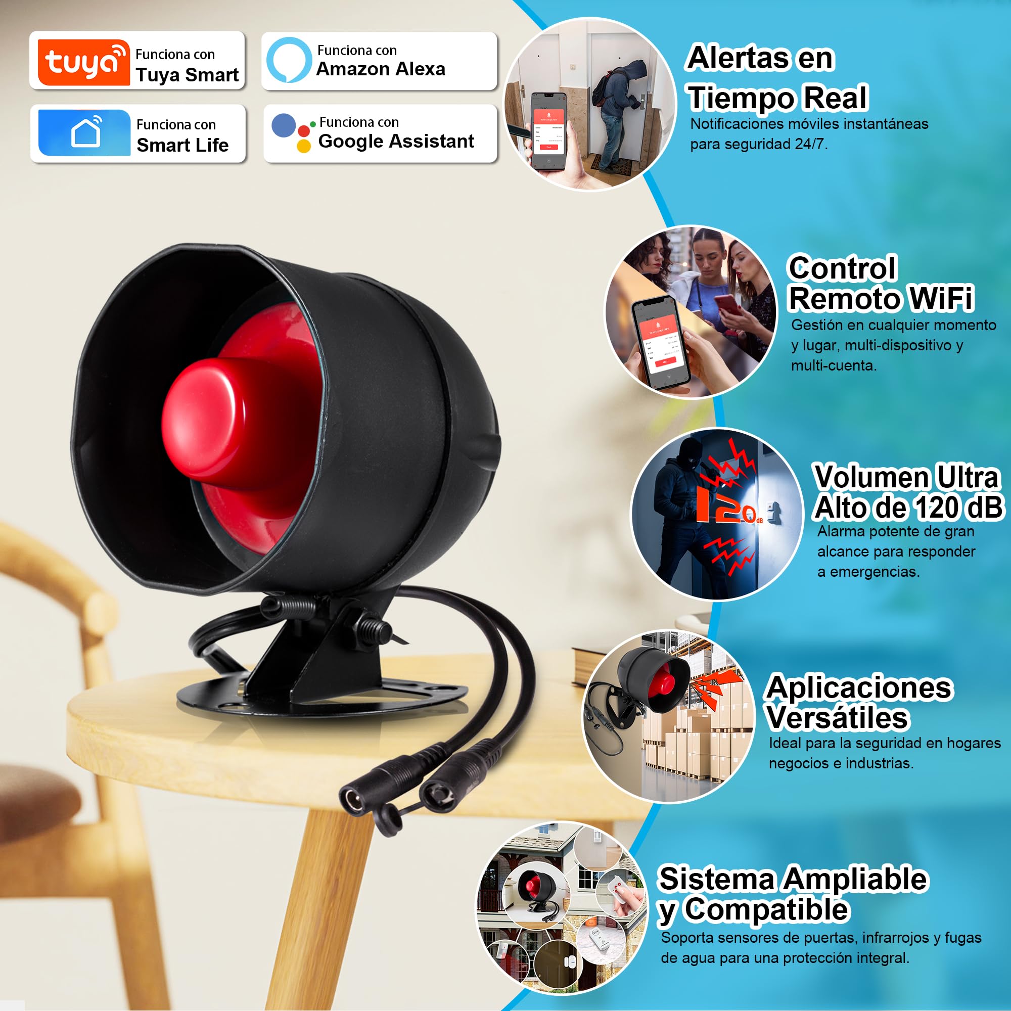 Sistema de Alarma WiFi, Sistema de Alarma Inalámbrico de 120 dB para la Seguridad del Hogar con Sirena, 6*Sensores de Movimiento Gratuitos y Mando a Distancia para Cobertizo y Garaje