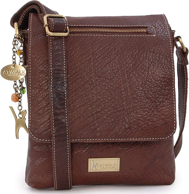 Catwalk Collection Handbags - Genuine Leather Messenger Bag with Long Shoulder Strap - Anti-Theft Crossbody Bag - Fits Tablet or iPad - ANJA - Brown