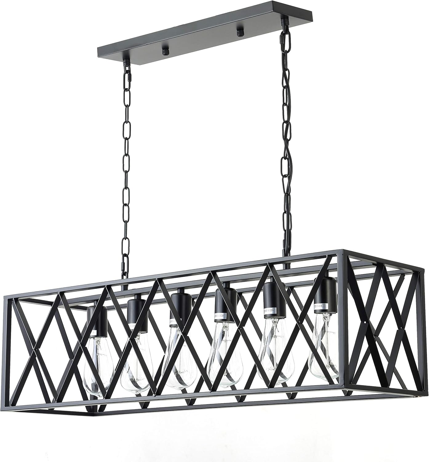 6-Light Industrial Kitchen Island Lighting with E26 Sockets, Rectangular Vintage Pendant Light, Farmhouse Hanging Ceiling Light Fixture 360W Max(No Bulb Included) (Black XX(6))