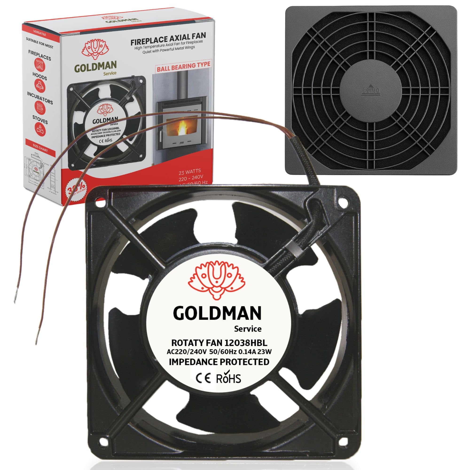 GOLDMAN SERVICE | Ventola Assiale ad Alta Temperatura con Griglia e Filtro per Inserti da Camino | Silenziosa con Pale Metalliche Potenti | Dimensioni: 120×120×38 mm (23 W)