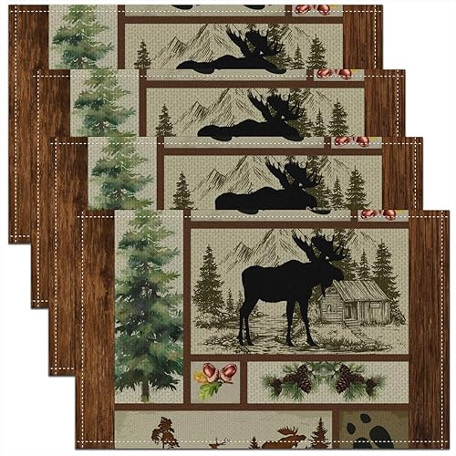 Juego de 4 manteles individuales con diseño de silueta de ciervo, cabaña y animales salvajes, tapetes de cocina para niños, adolescentes y adultos,