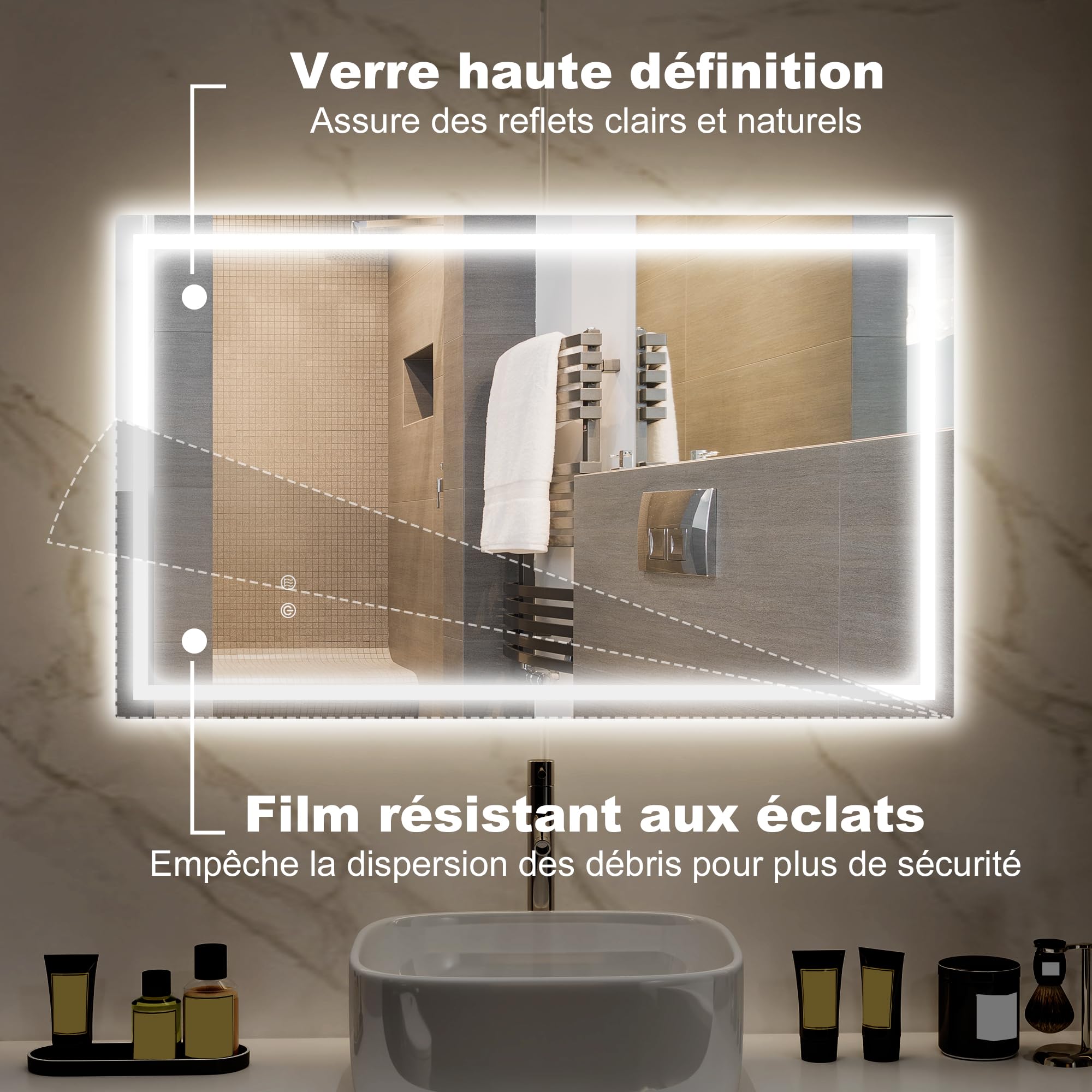 HOMCOM Miroir Salle de Bain éclairage LED 100 x 60 cm Lumineux Mural IP44 | Interrupteur Tactile, Lumière Réglable 3 Couleurs, Anti-Buée, Mémoire