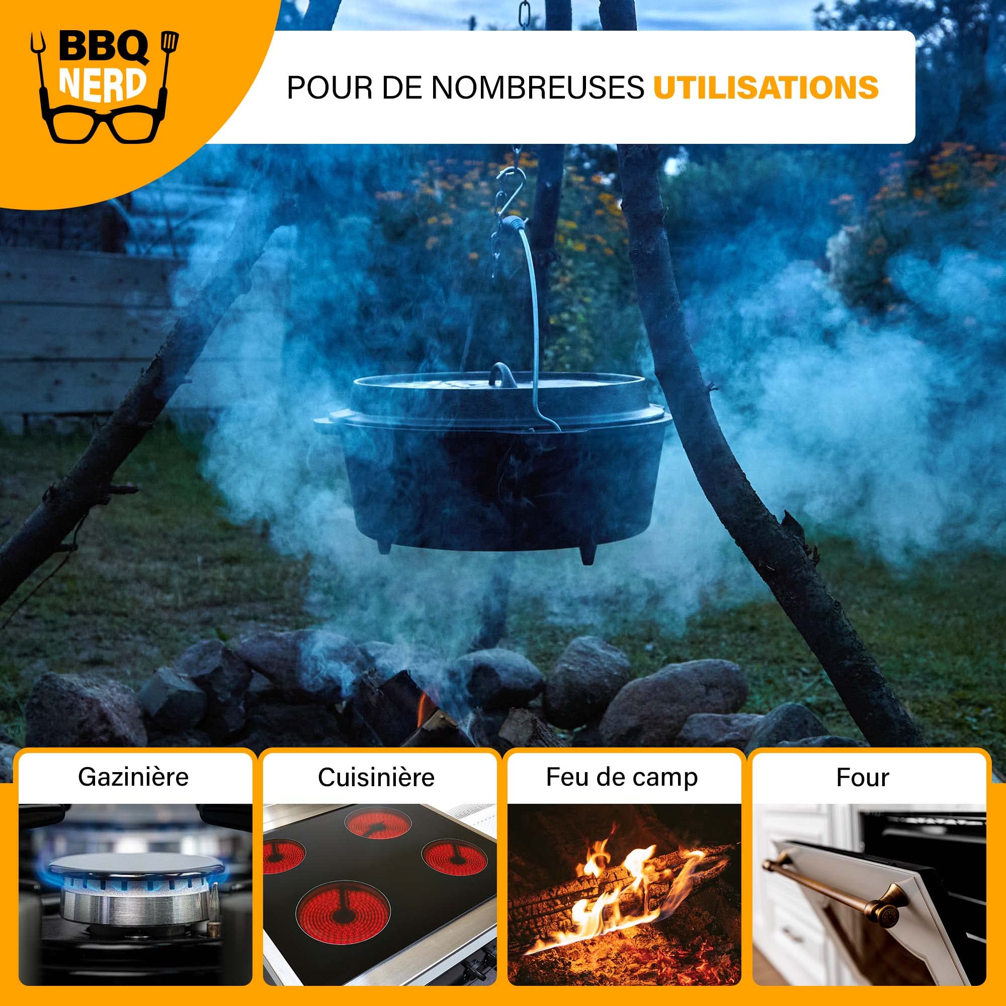 Marmite en fonte Dutch Oven BBQ-Nerd 3,1 l avec pieds déjà brûlé Preseasoned pour camping