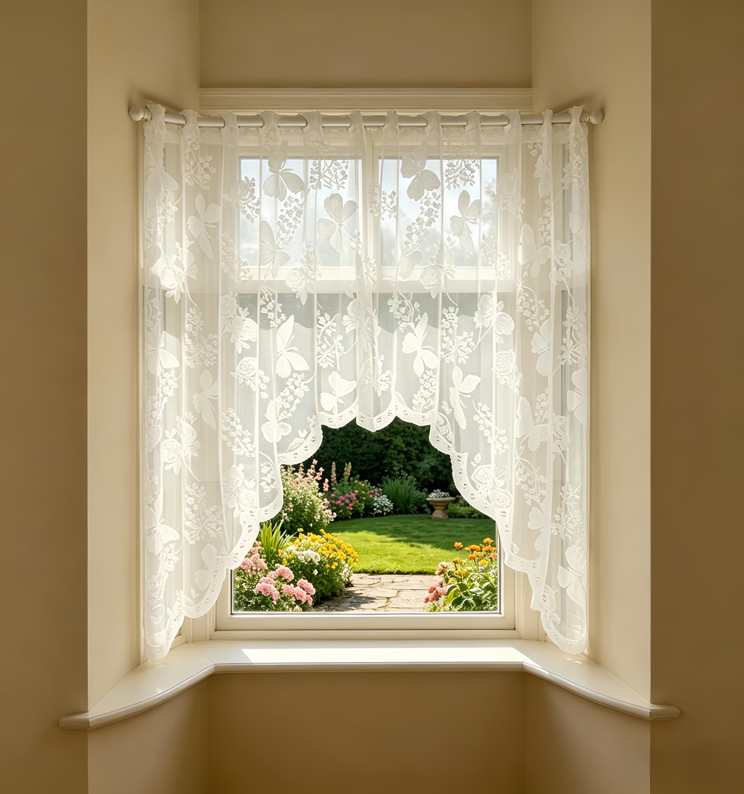 LEBKFT Butterfly Lace Curtain, 1 Panel White Semi-Sheer Net Lace Valances Short Embroidery Window Valance Boho Curtains Swag for Bedroom Kitchen Closet Living Room Cafe Decor (W 59.1" x L 39.4")