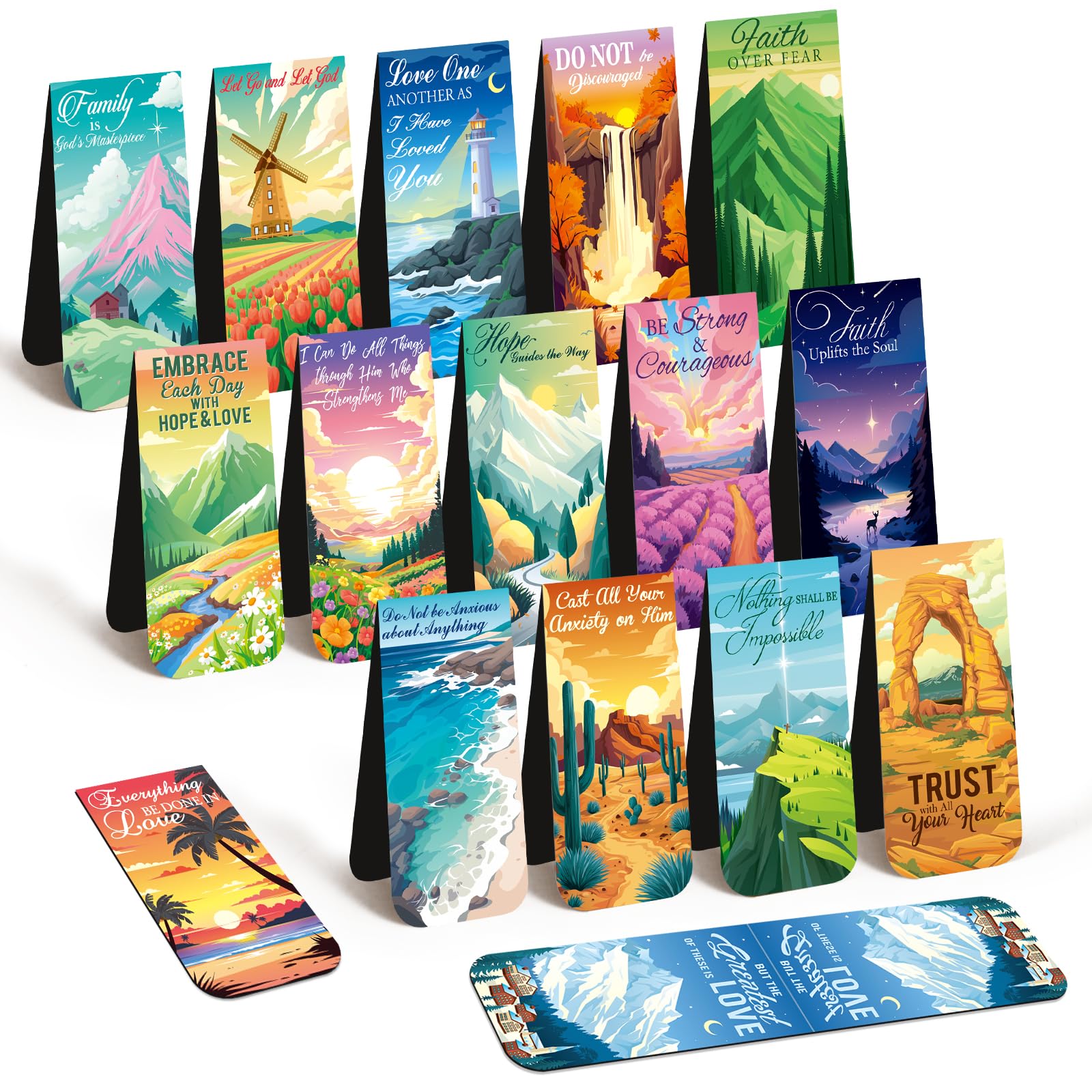 JSRQT 16Pcs Christian Bible Magnetic Bookmarks, Larger Double-Sided Landscape Paper Markers for Women Men, Inspirational Bible Quotes Magnet Page Clips for Book Lovers, 6x3 CM, 16 Styles