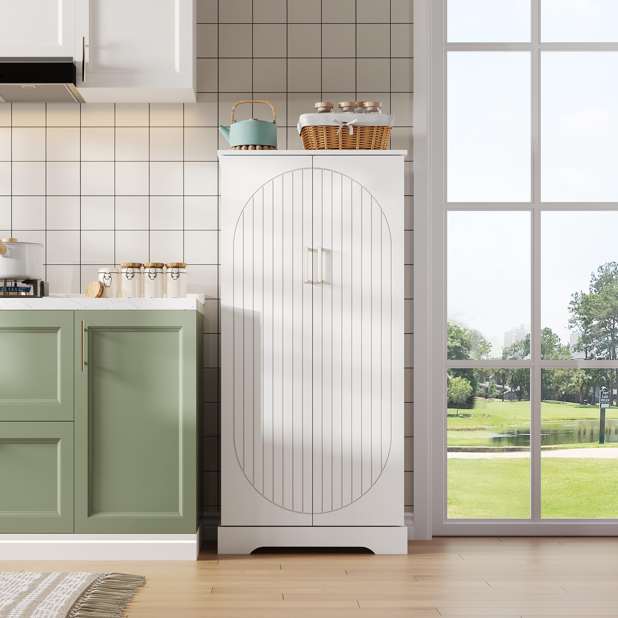 soges Multifunktionaler Küchenschrank Doppeltür mit Staufach mit LED-Sensorleuchte 60×35×128cm, Höhenverstellbaren Einlegeböden, Geeignet für Küche, Wohnzimmer und Esszimmer, Weiß