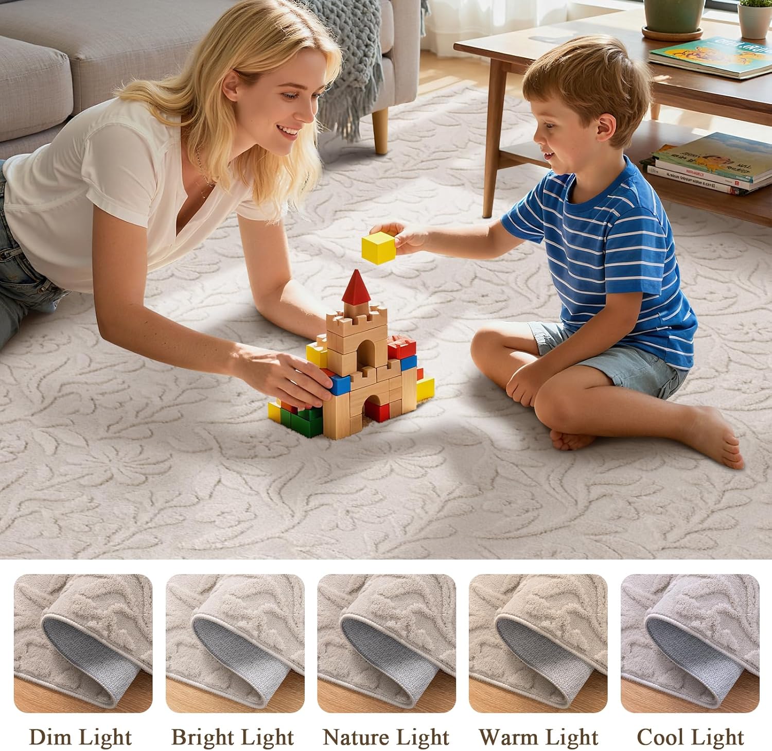 Vaukki 8x10 Area Rug for Living Room, Soft Fluffy Washable Modern Floral Indoor Floor Mat, Non Slip Shaggy Boho Accent Throw Carpet for Bedroom, Living Room, Nursery and Dining Room, Beige