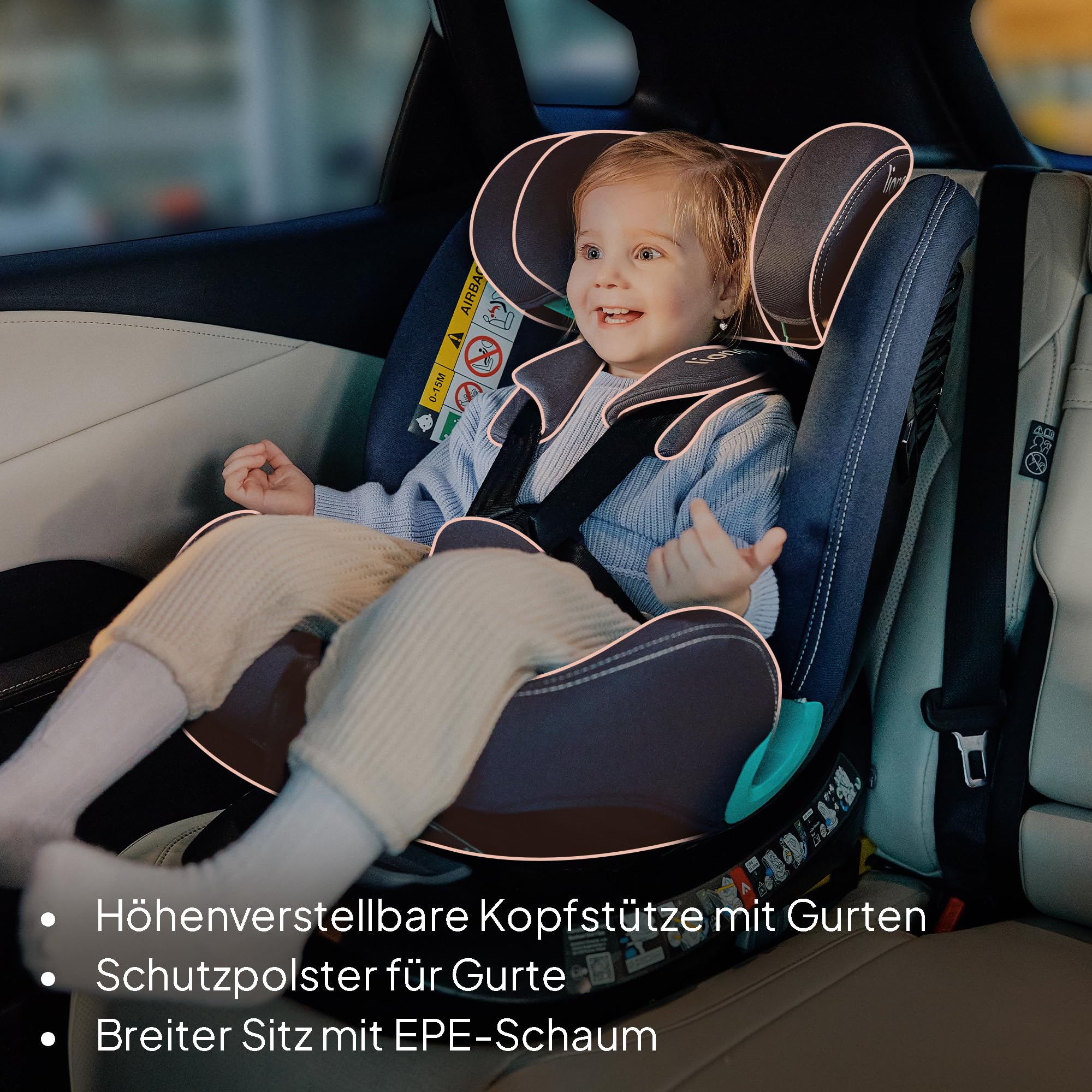 Lionelo Bastiaan i-Size One 360o drehbarer Autositz für Kinder 40-150 cm | Montage in Fahrtrichtung und entgegen der Fahrtrichtung möglich, ISOFIX Pas TopTether Einstellbare Rückenlehne