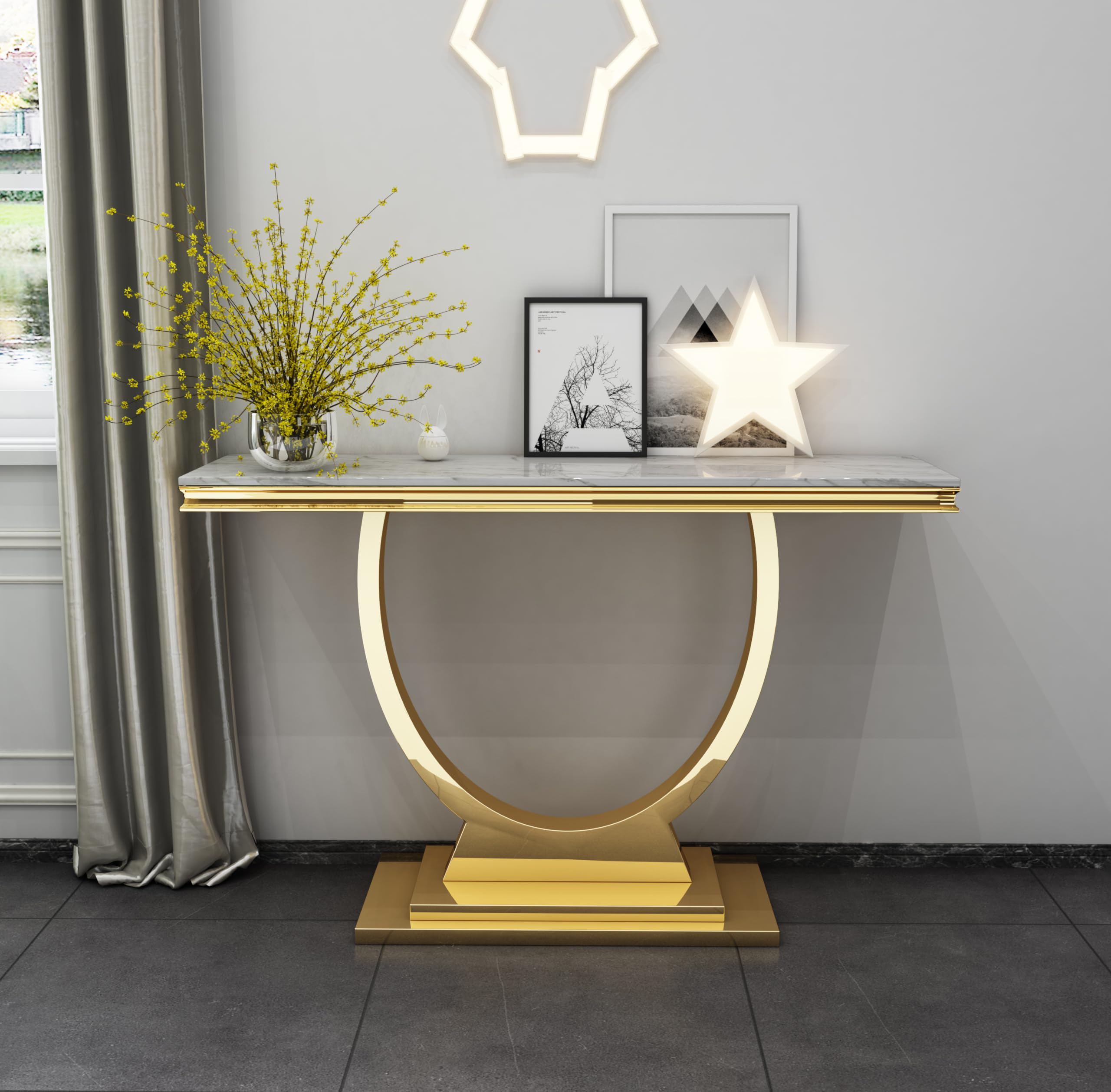Modern Marble Console Table, Rectangular White and Gold Marble Sofa Tale with U-Shape Stainless Steel Base with Gold Mirrored Finish for Living Room (Gold2) (Used, Damaged)