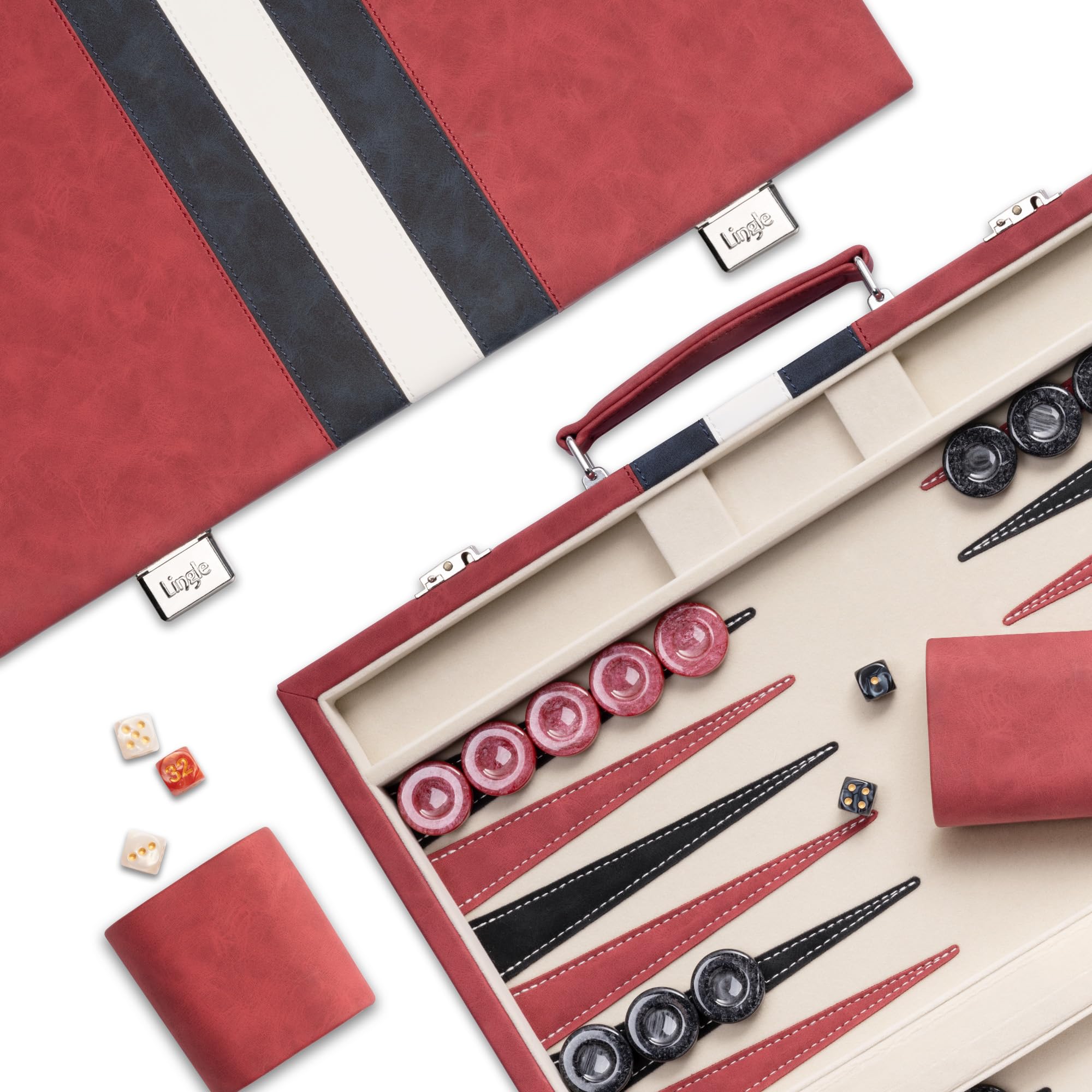 Lingle Backgammon-Sets für Erwachsene, 46cm x 38cm klassisches Brettspiel mit faltbarem Leder-Backgammon-Etui, Kunstleder-Außenseite und Samt-Innenseite, tragbares Reisespiel-Set (Red)