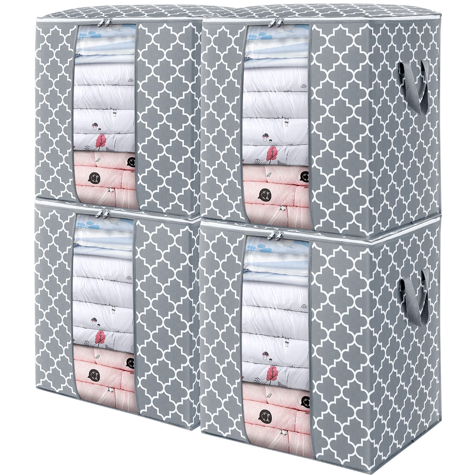 WISELIFE Storage Bags 4 Pack/100L Large Blanket Clothes Organization and Storage Containers for Comforters,Bedding, Foldable Organizer with Reinforced Handle, Clear Window, Sturdy Zippers,Light Gray