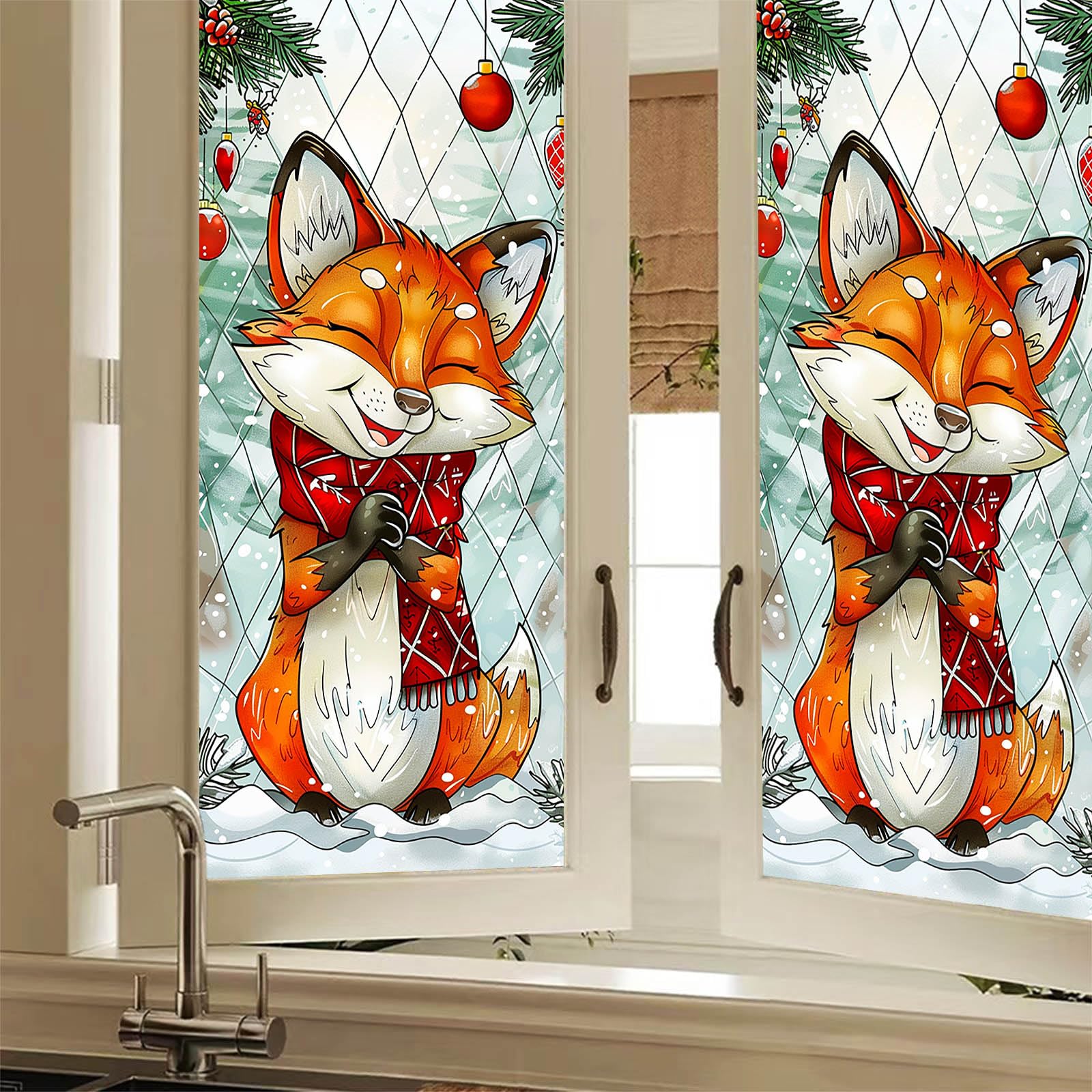 HOMETITUTE Christmas Fox Stained Glass Window Film Cute Holiday Decorative Static Cling Privacy Window Sticker Winter Animal Décor 17.7 x 39.3 Inch