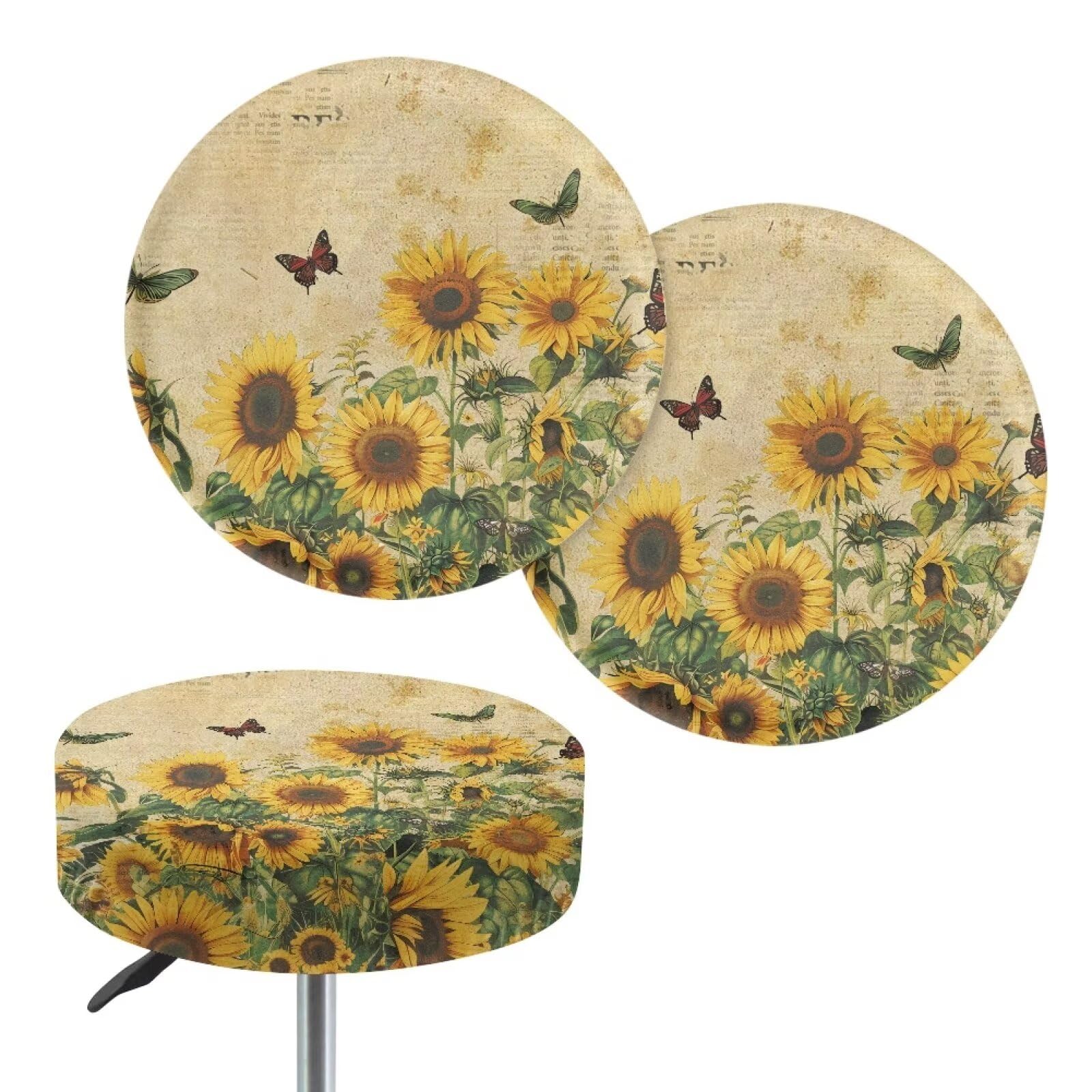 Hwiplsvny Butterfly Sunflower 2 Pack Round Stool Seat Covers Stretchable Round Seat Cushion with Elastic Bands Soft & Easy to Clean Chair Seat Cushion Chair Seat Cover Diameter 12