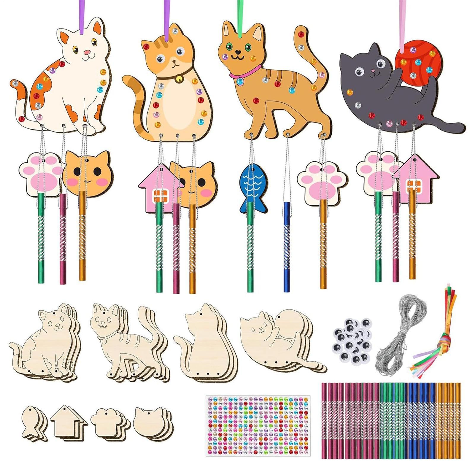 Carillon éolien pour enfant et kit de coloriage en bois créatif pour nichoir chat