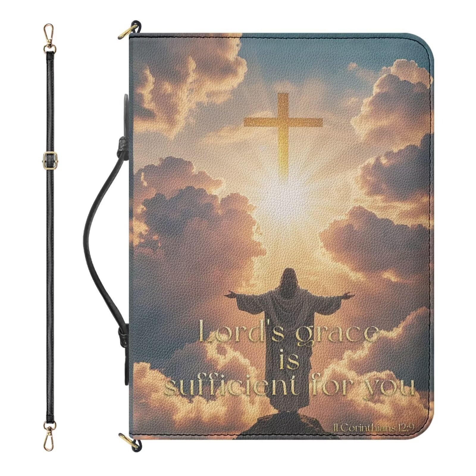 Drnuikhe Small PU Leather Bible Cover for Boys, Kids Bible Case with Strap and Handle, II Corinthians 12:9 Crucifix Print Bible Protecto with Inner Pockets and Pen Loop, Bible Study Supplies, Gold