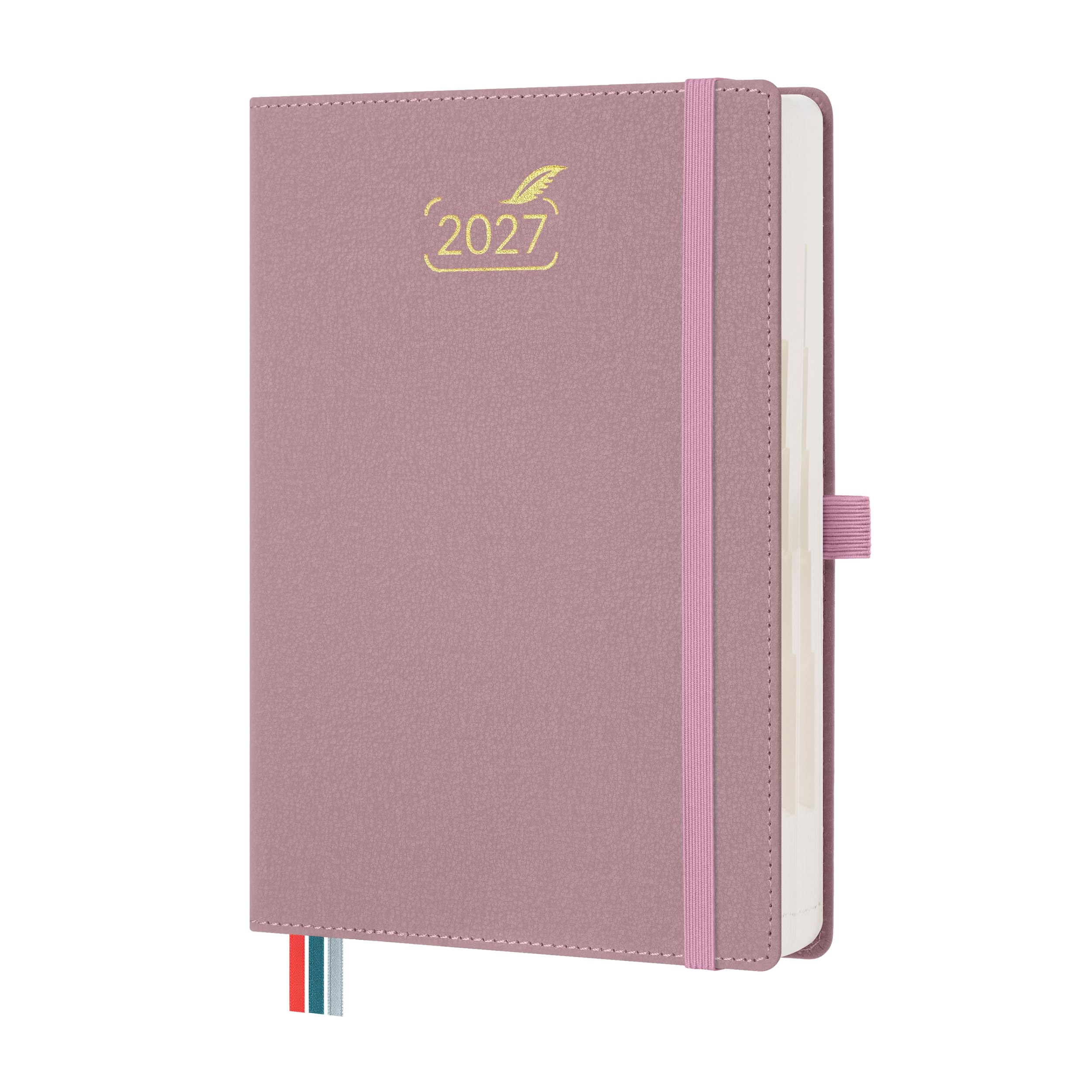 BEZEND 2027 Diary A5 Page A Day even Weekends with Dual Schedule. 2-Column Daily Planner for Work-Life Balance. Appointment Diary with Monthly Tabs, Inner Pocket, PU Leather Hardback, Pink