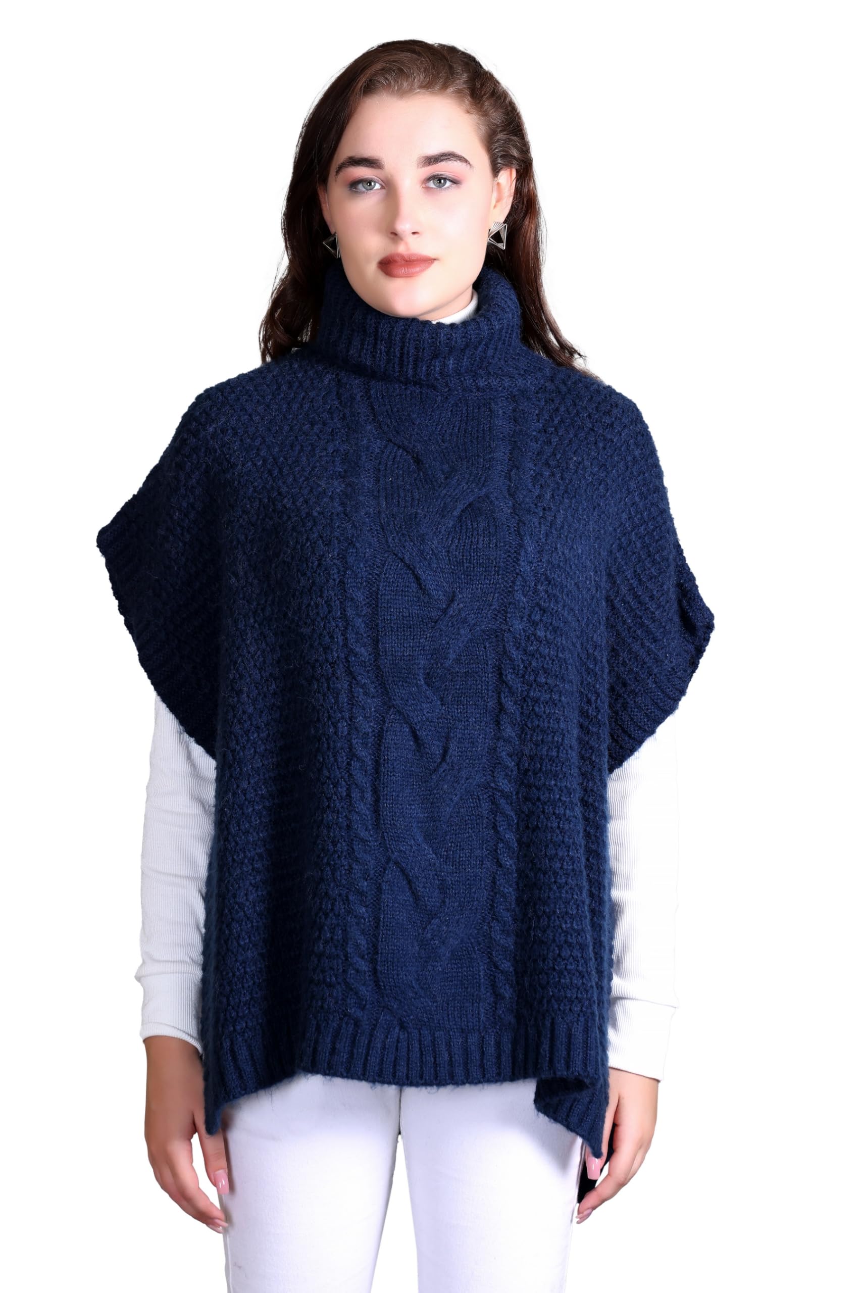 Girls Womens Acrylic Knitted Self Design Side Open High Neck Winter Wear Cardigan Poncho Navy-image-34