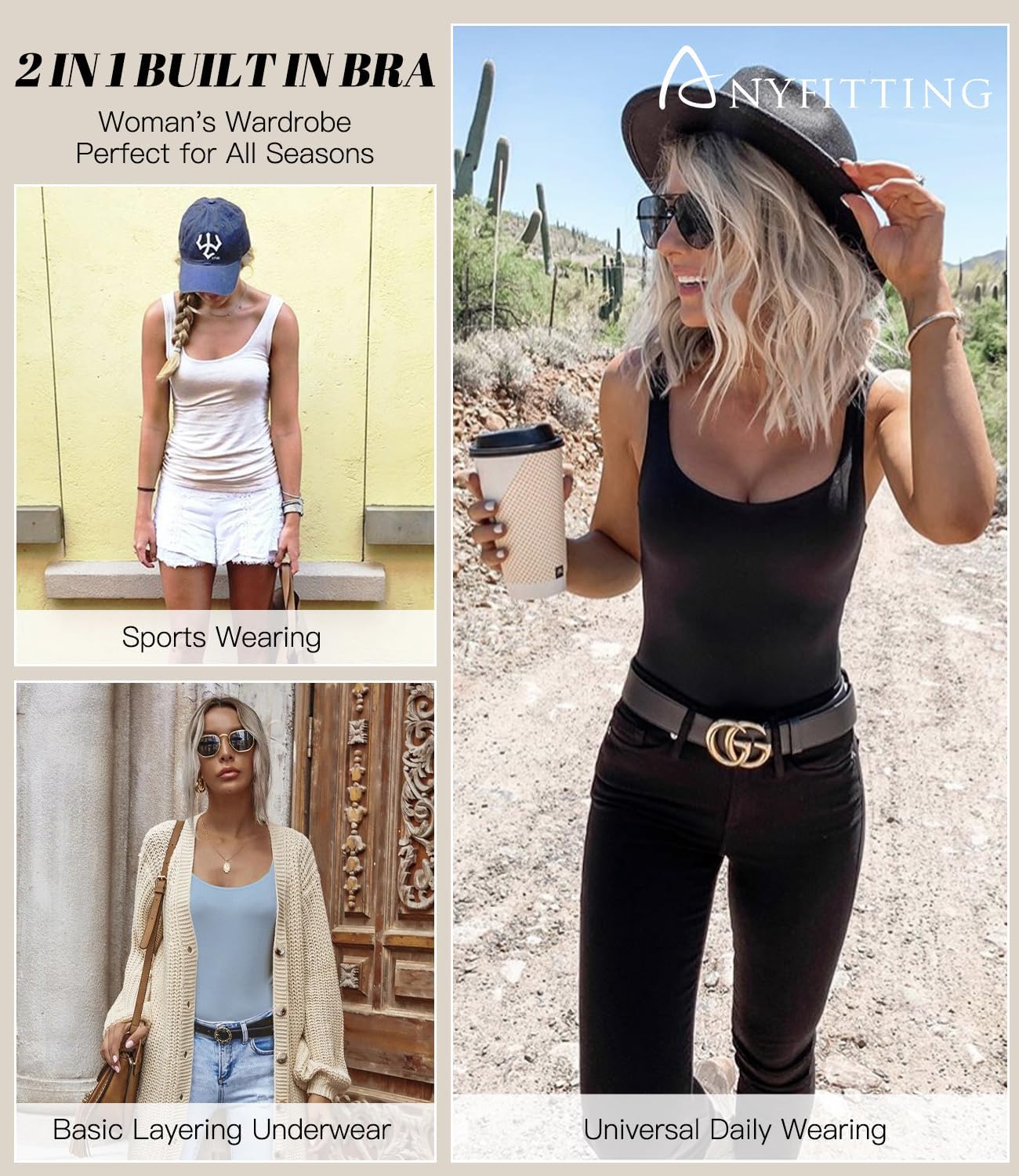 Tank Top with Built in Bra Cup for Women Casual Wide Strap Sleevless Layer Camisole Yoga Top Pack S-3XL - Image 2