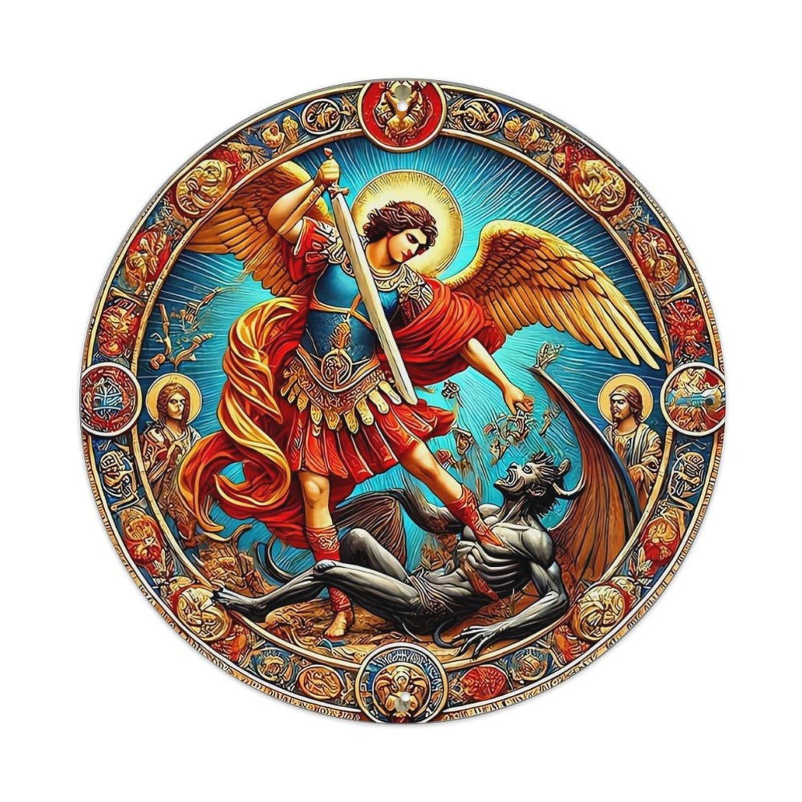 Archangel Michael Defeating Devil Metal Tin Sign Plaque