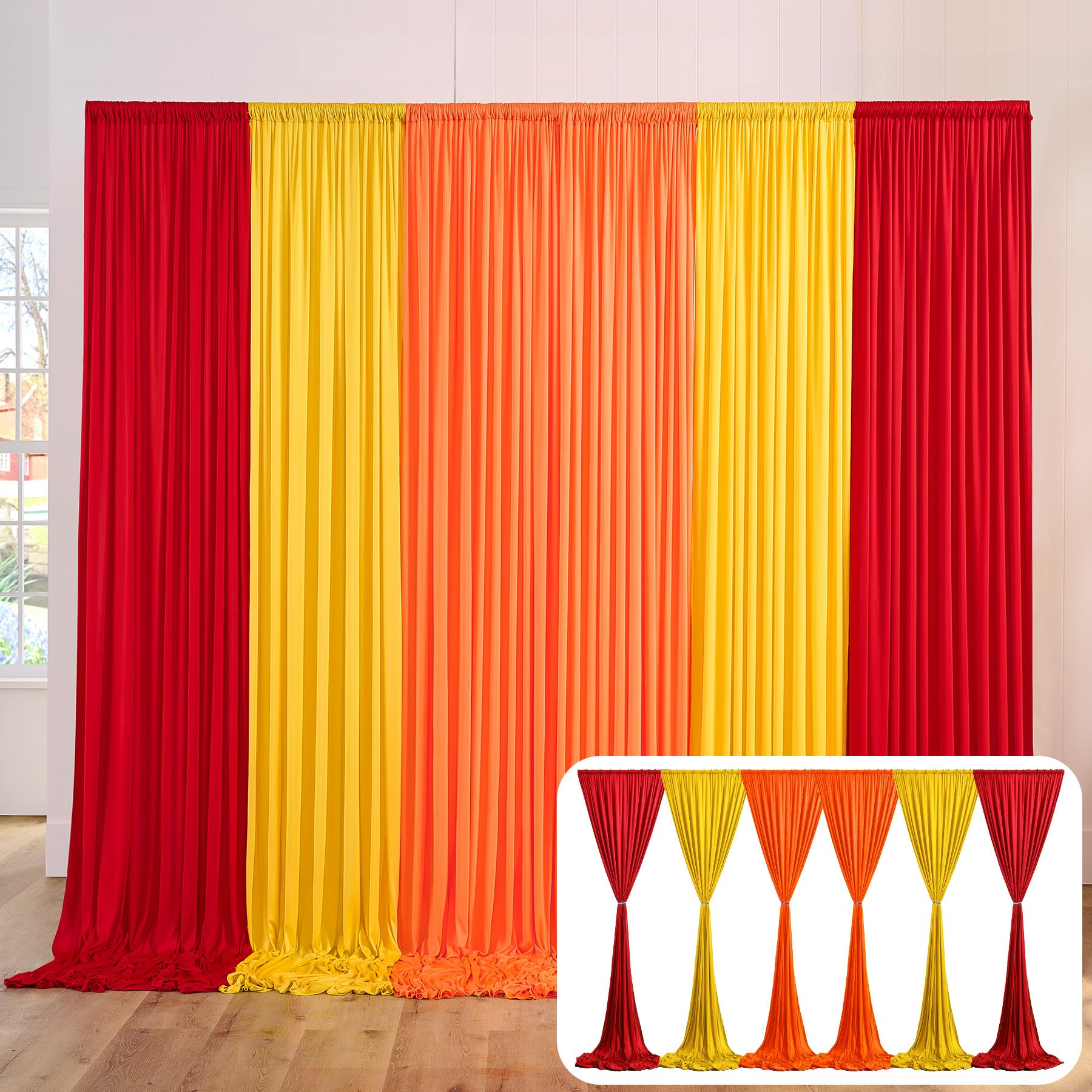 10ft x 15ft Rainbow Backdrop Curtain for Parties, Red Yellow Orange Wrinkle Free Photography Backdrop Drapes, 6 Panels 5ft x 10ft Backdrop Drapes for Birthday Party Graduation Decorations
