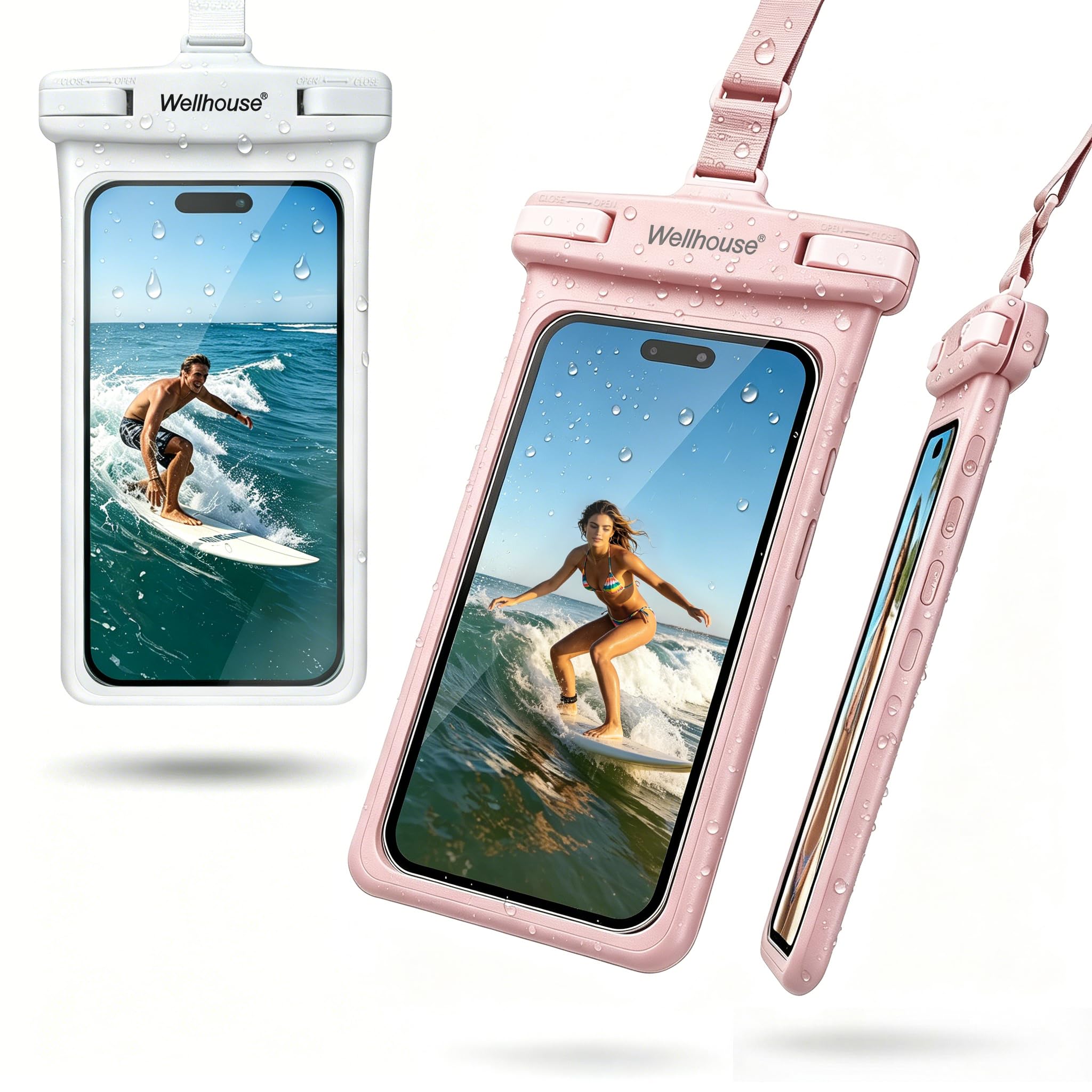 wellhouse Waterproof Phone Pouch, Waterproof Phone Case for iPhone17 16 15 14 13 Pro Max XS Samsung, IPX8 3D Cellphone Dry Bag Beach Essentials (2 Pack -Pink &amp; White7.0, 7 inch)