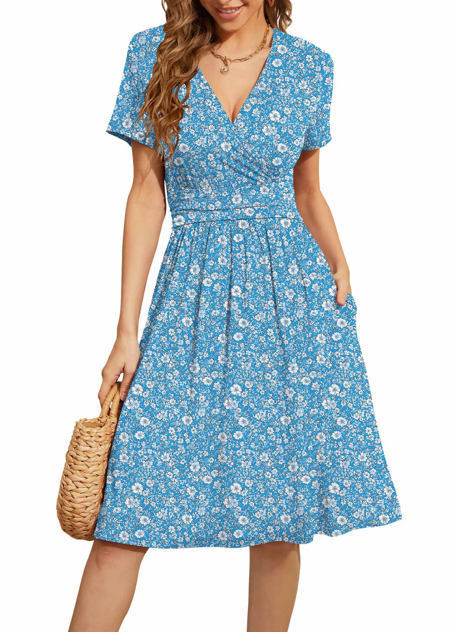 WEACZZY Women's Summer Short Sleeve Casual Dresses V-Neck Floral Party Dress with Pockets