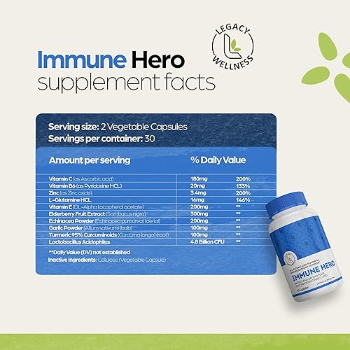 Miniatura 5 de Suplemento de apoyo inmunológico Immune Hero, vitaminas del sistema inmunológico, vitamina C, E, B6, zinc, L-glutamina, equinácea, ajo, cúrcuma +