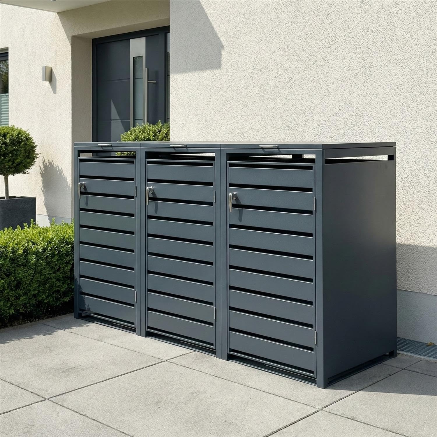 Metzler Mülltonnenbox in Anthrazit mit Sichtstreifen 3er 240L, Mülltonnenverkleidung 3 Tonnen, witterungsbeständiger und pulverbeschichteter Stahl mit Automatikdeckel, abschließbar, Garten- & Müllbox