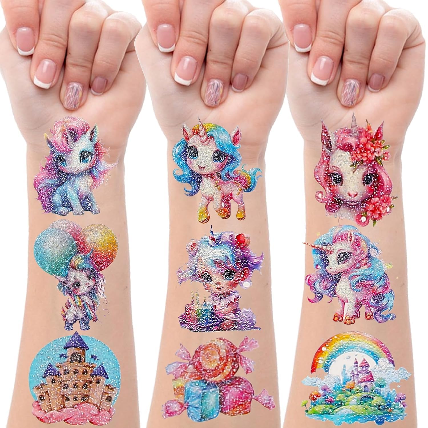 Drookaen 12 Blätter Glitzer Tattoo Kinder Motive mit Einhorn & Regenbogen, Einhorn Tattoo Kinder, Wasserdichte Kindertattoos Aufkleber, Temporäre Tattoos für Mädchen, Mitgebsel Kindergeburtstag