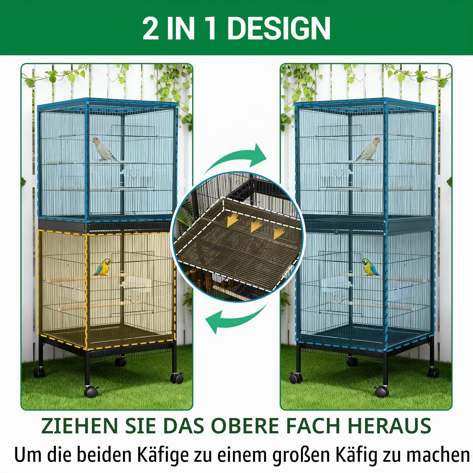 Vogelkäfig Groß 52 x 50x143cm, Vogelvoliere für Wellensittich Papagei Nymphensittiche Chinchilla, Nagerkäfig 2 Ebenen mit Ständer & Rollen & 4 Türen, Abnehmbarem Tablett und Futtertrögen, Schwarz