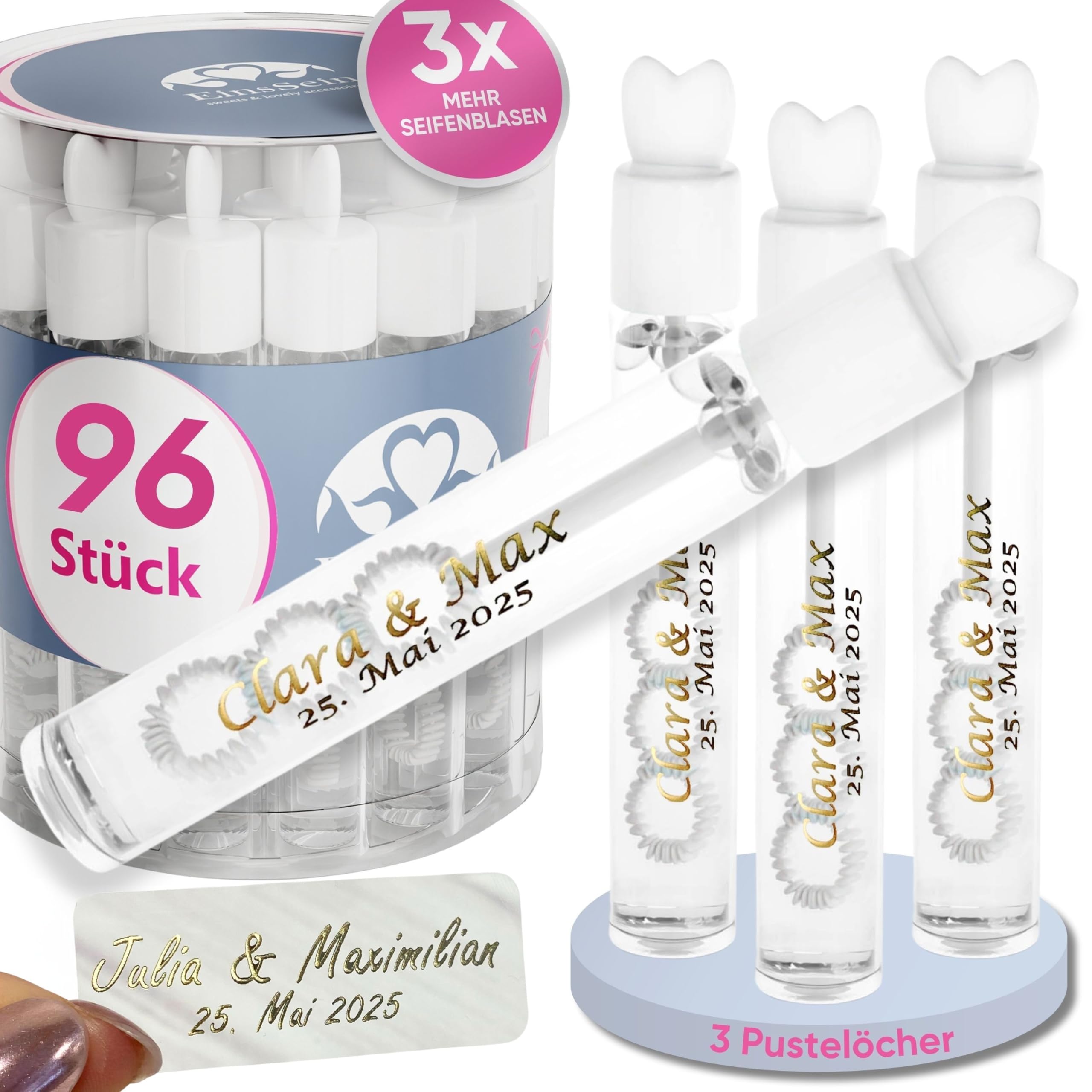 EinsSein personalisierte Seifenblasen Hochzeit Lovegläschen Weiss 96 Stück | Seifenblasen mit Aufkleber als Gastgeschenke auch für die Taufe Geburtstag Party | Hochzeitsseifenblasen | Wedding Bubbles