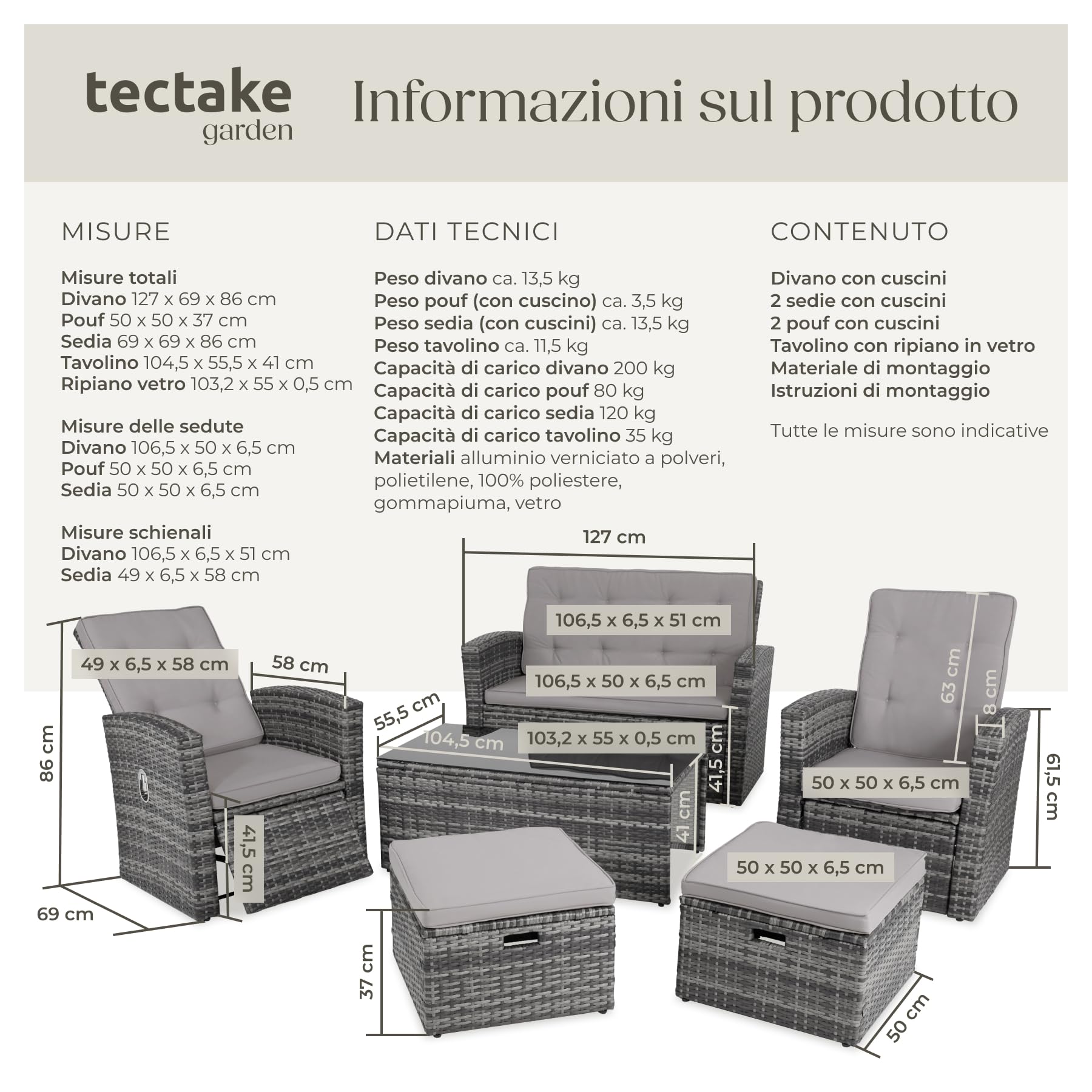 tectake® Set Salotto da Giardino Esterno in Rattan Bari, Telaio in Alluminio, Divano da Esterno e Poltrone da Giardino Regolabili, Imbottiture Idrorepellenti, Tavolo da Giardino con Vetro - Grigio