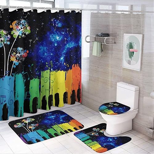 Juego de 4 cortinas de ducha impermeables con diseño de galaxia y piano de fantasía, colorido diente de león, notas musicales florales con cubierta