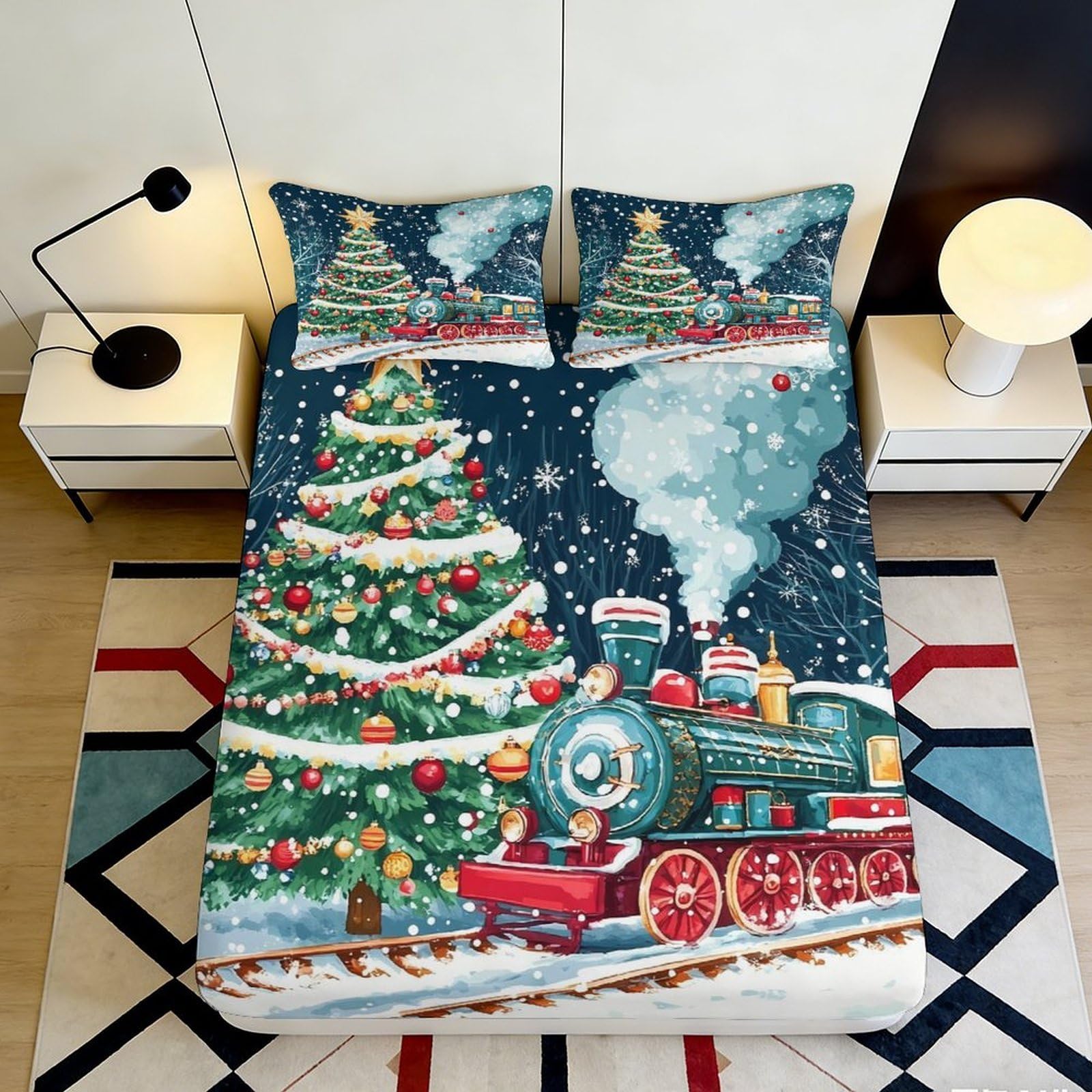 3D Printed Christmas Tree Fitted Sheet Microfiber Steam Train Bed Cover for Bedroom Guest Room Dorm Mattress Decor 90x200x25cm