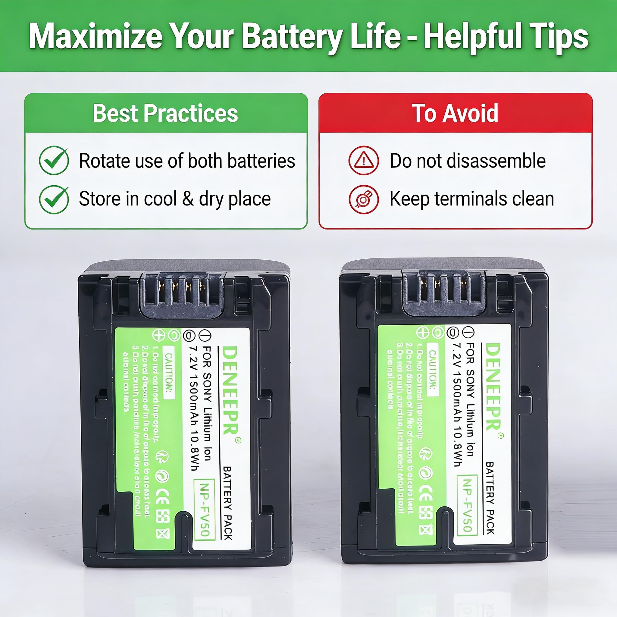 Lot de 2 Batteries Li-ION NP-FV50 compatibles avec Sony HDR-CX220, HDR-CX430V, HDR-CX900, HDR-CX260V, HDR-CX580V, HDR-CX760V, HDR-PJ200, HDR-PJ230, HDR-PJ340, HDR-PJ380, HDR-PJ380, HDR-PJ380. J430V