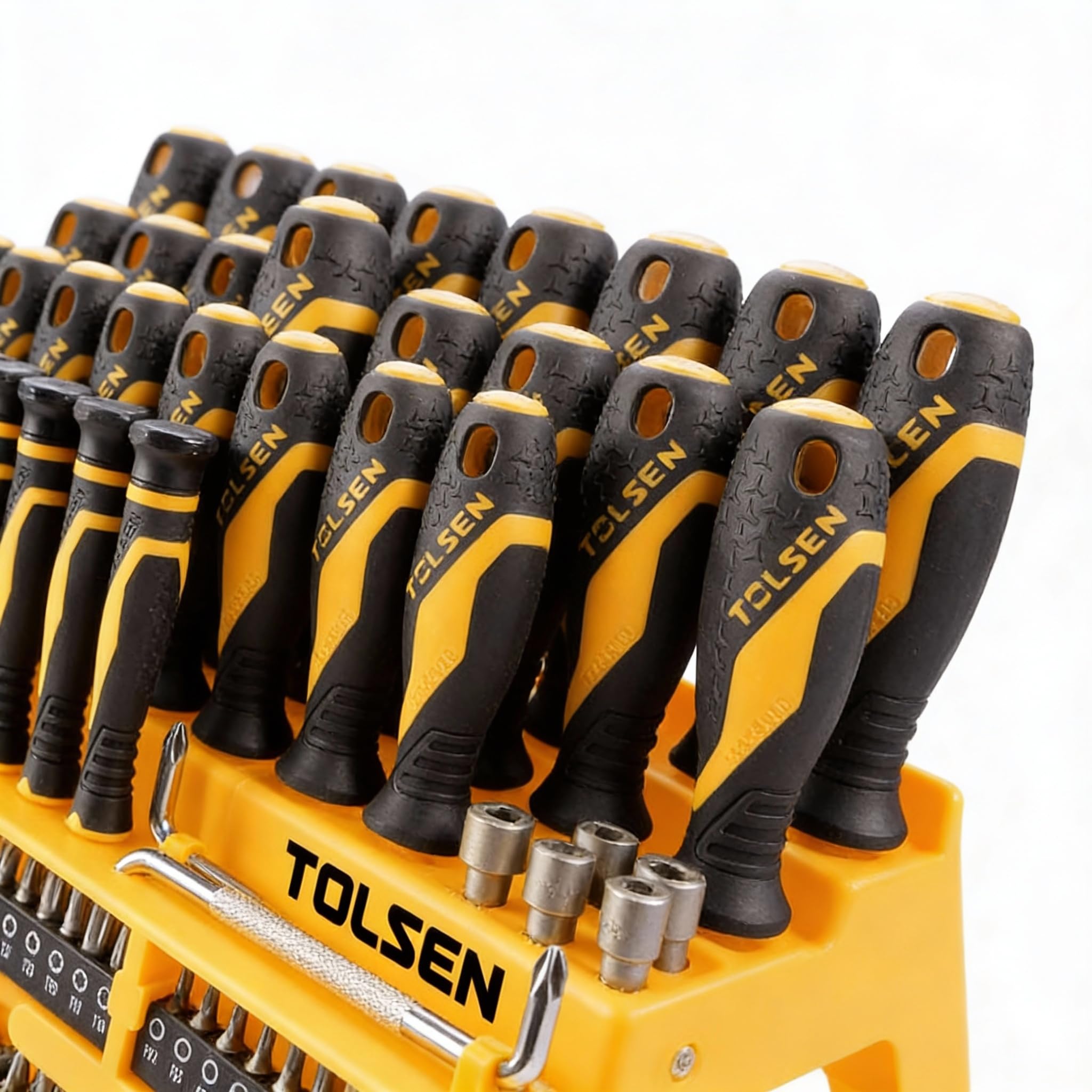TOLSEN 20185 - Set di cacciaviti con supporto porta-cacciaviti 100 PZ CACCIAVITI ASSORTITI+INSERTI + BUSSOLE professionali