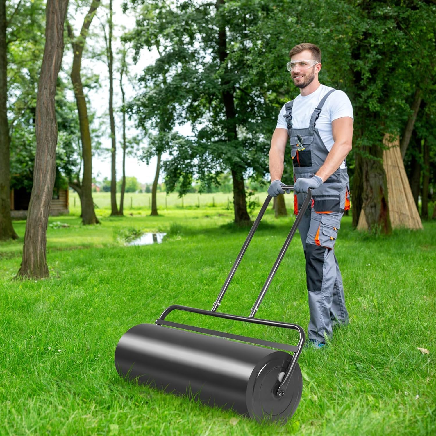 GOPLUS Rodillo de Césped para Jardín de Acero 48 L/63 L, Rodillo Manual Rellenable con Agua o Arena, Apisonadora de Césped (48 L, Negro)