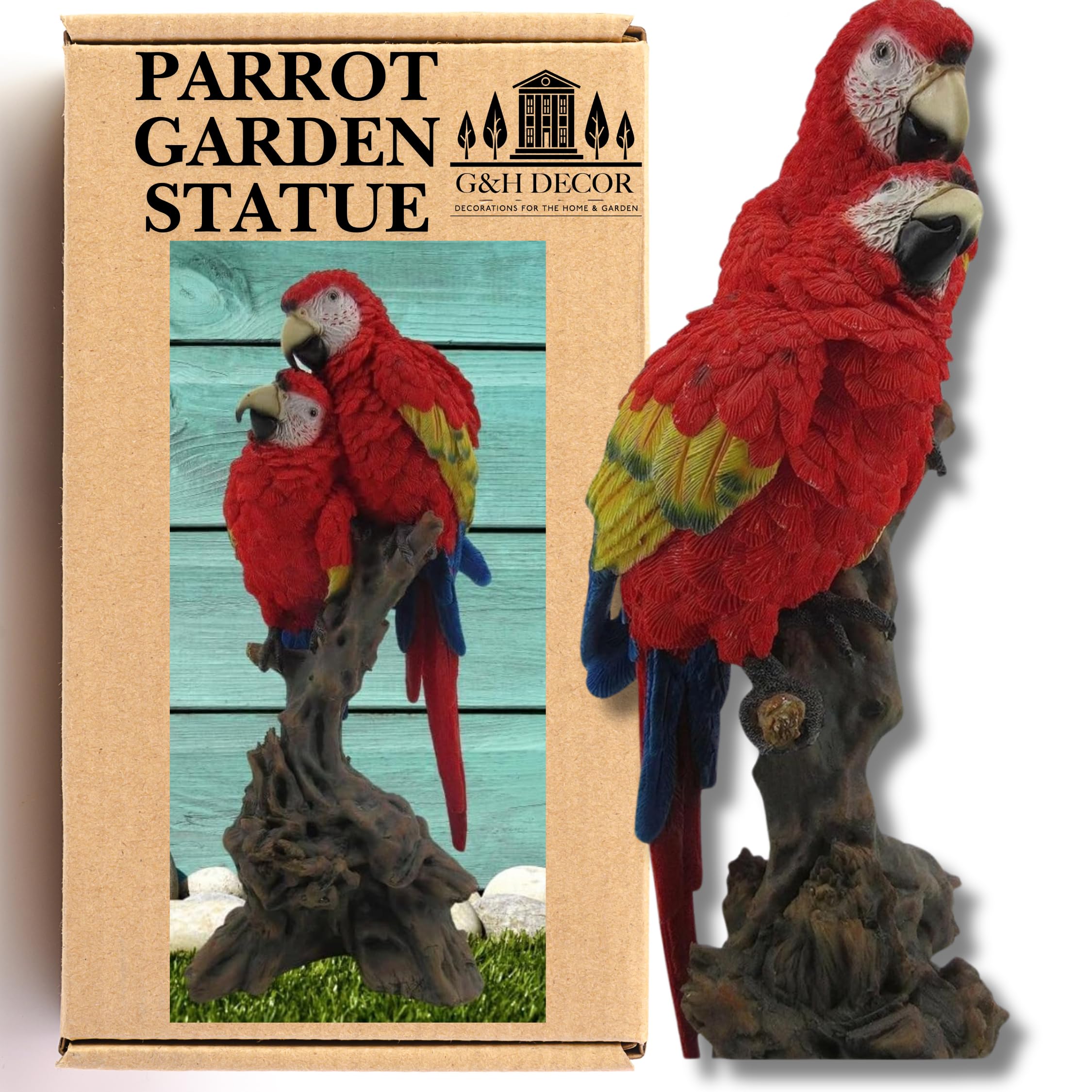 G&H Decor Parrots Garden Birds 46cm Statue - Hand Painted Parrot Ornaments for the Home - Bird Ornaments for Garden - Weather Resistant Bird of Paradise Ornaments - Parrot Figurine - Tropical Macaws