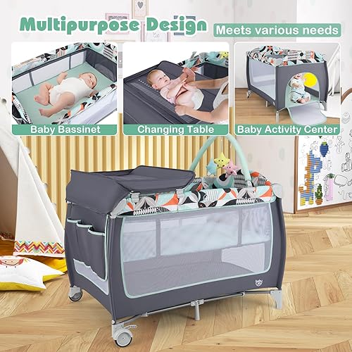 Miniatura 9 de BABY JOY 4 en 1 Pack and Play, corralito portátil para bebé con moisés, puerta lateral con cremallera, cambiador, centro de guardería de viaje para