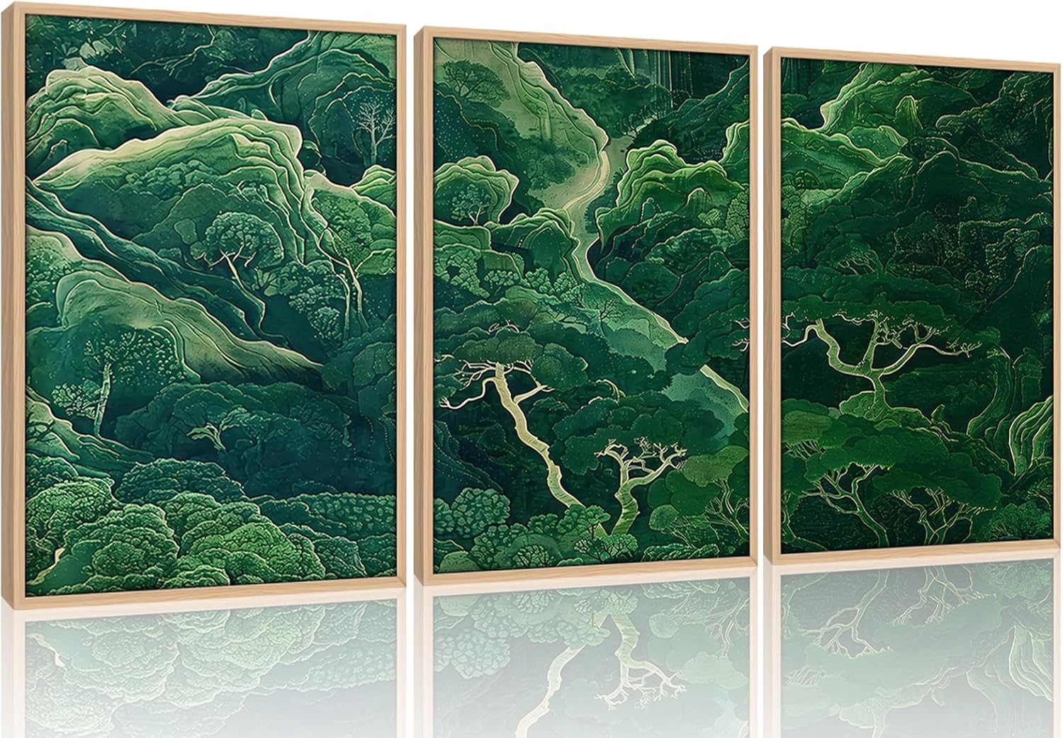 Framed 3Pcs Sage Green Japanese Forest Wall Art Ukiyoe Nature Mountain Canvas Poster Prints with Wood Frame Minimalist Zen Botanical Picture Painting for Living Room Bedroom Office Decor12x16Inch Green Forest 12x16 Inches