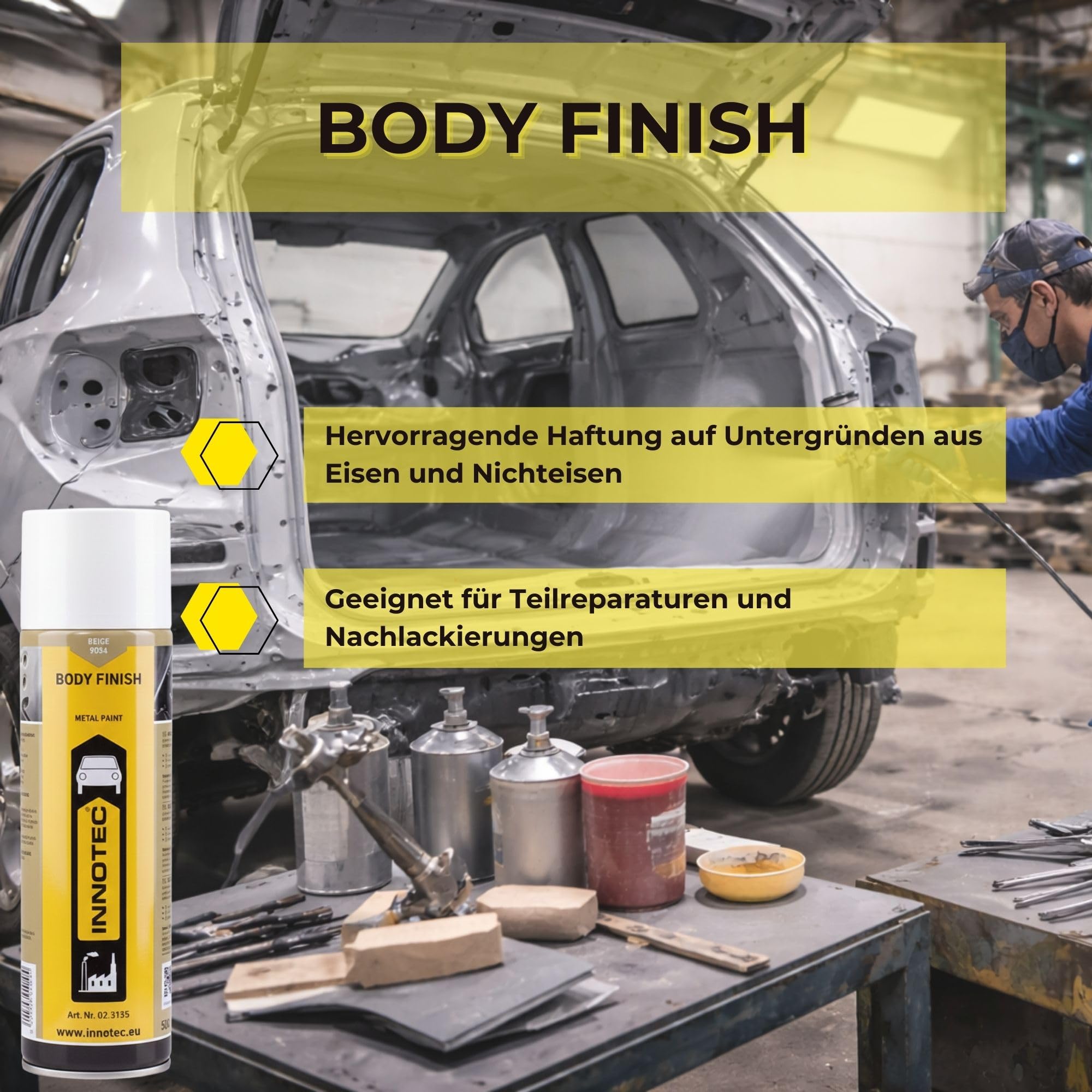 2 Stück INNOTEC Body Finish 500 ml Beige – 1K-Acryl-Premium Grundierlack für das Lackieren von reparierten oder ersetzten Blechteilen an PKW, LKW & Maschinen – korrosionsschützender Reparaturlack