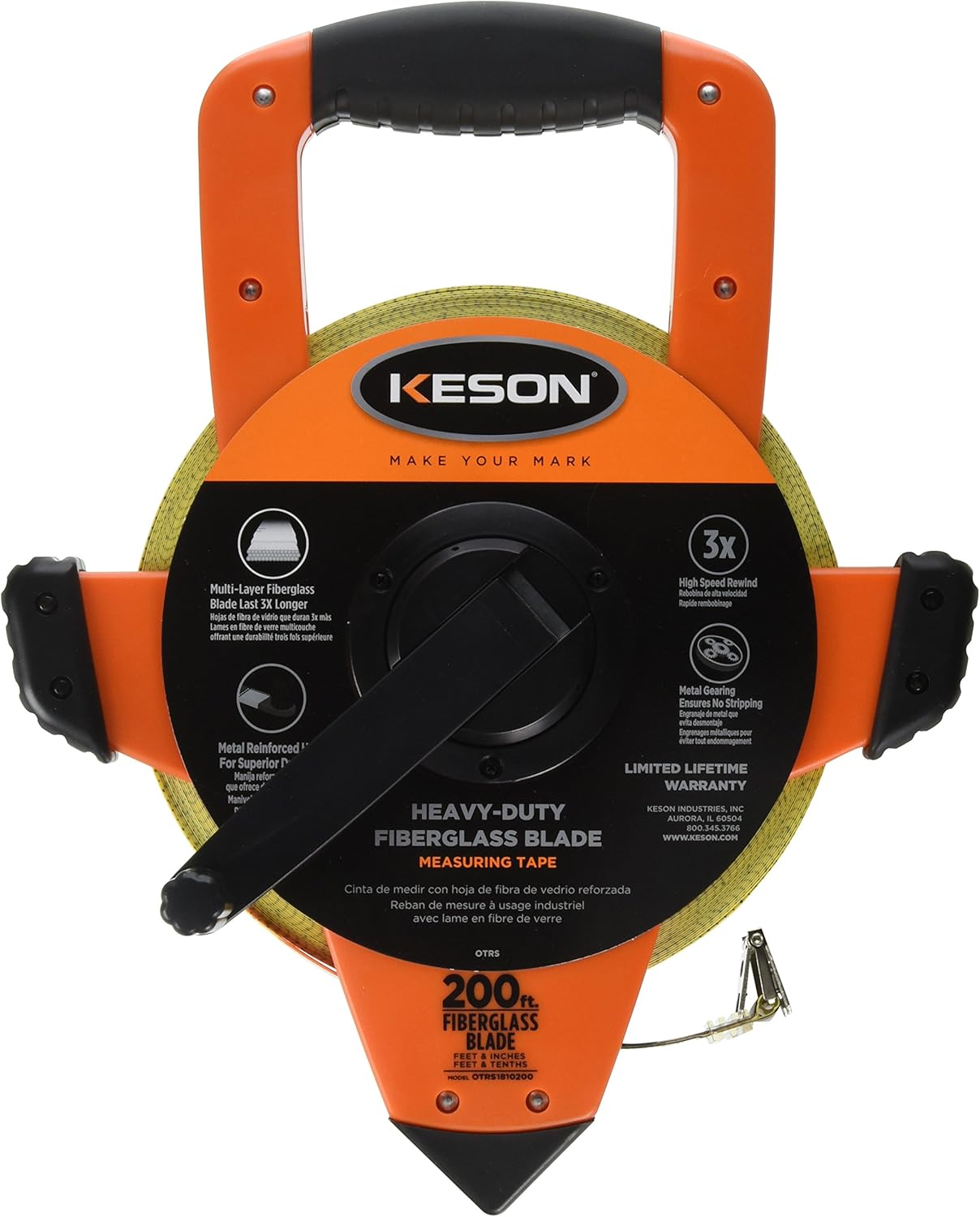 Keson OTRS1810200E Fiberglass Measuring Tape with Ring End, Speed Rewind (Graduation: ft., in, 1/8 & ft., 1/10, 1/100), 200-Foot